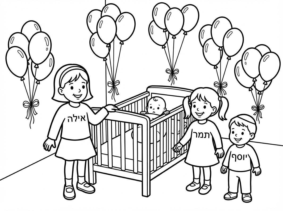 ציור של 3 ילדים: 
1 בת 6 עם השם אילה על החולצה.
1 בת 4 עם השם תמר על החולצה.
1 בן 2.5 עם השם יוסף על החולצה.
עומדים מסביב לעריסה עם תינוקת קטנה.
אפשר להוסמך מסביב גם בלונים