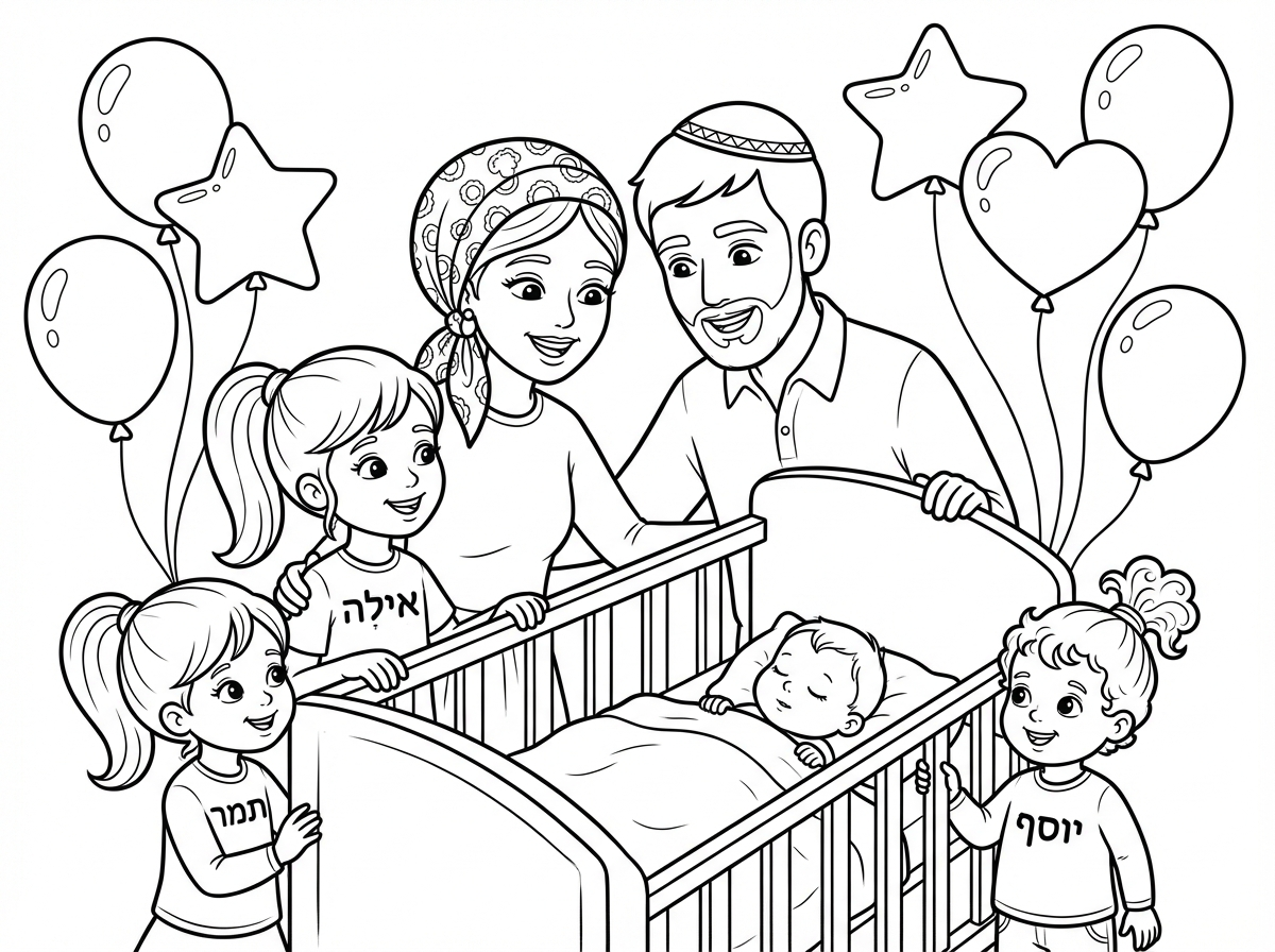 ציור יותר מקרוב,
 הילדות עם קוקו, 
הבן עדיין לא מסופר (עם קוקו גבוהה תלתלים)
ולהוסיף אבא ואמא : אבא עם כיפה, אמא עם מטפחת.