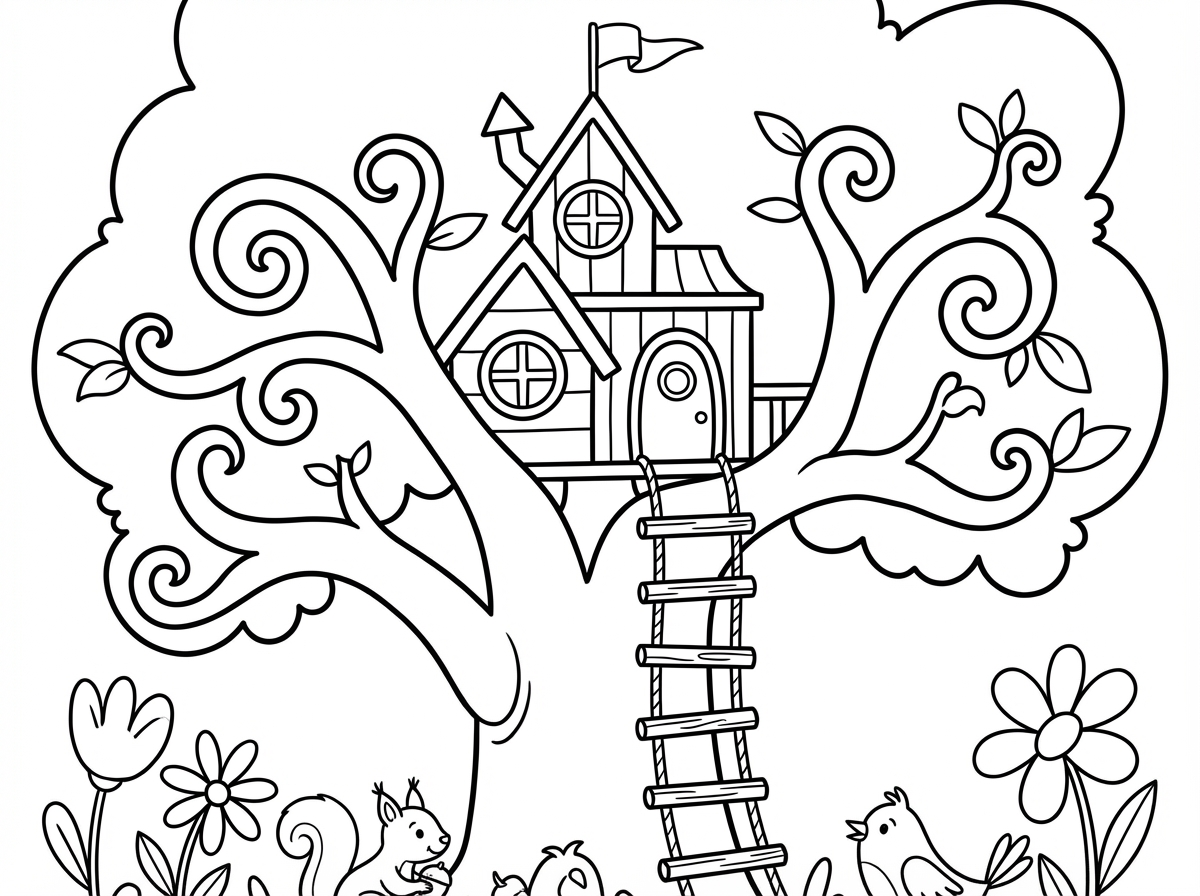 עץ גדול עם בית עץ קסום בענפים, סולם חבלים ודגל קטן למעלה