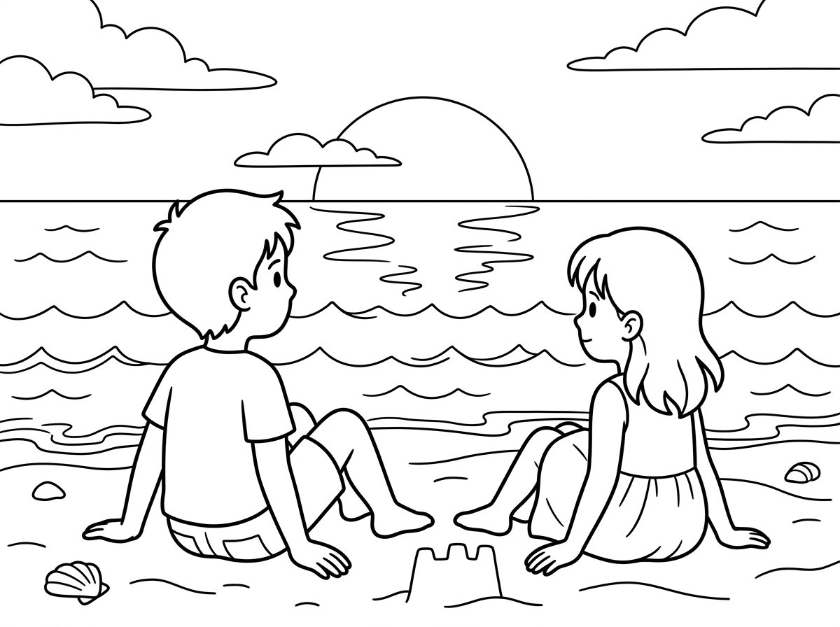 צור לי חוף ים בשקיעה עם ילד וילדה שיושבים על החוף ומסתכלים על הים