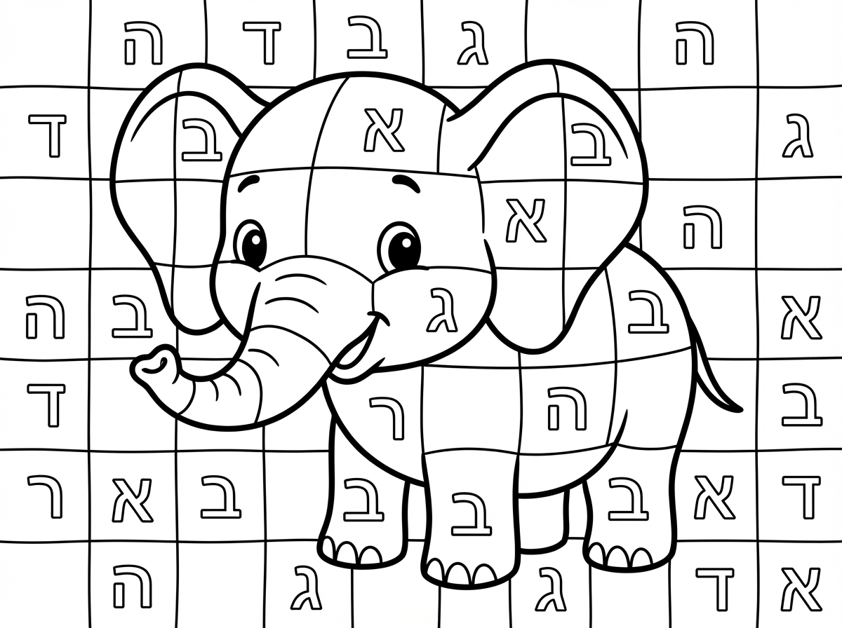 אשמח לדף צביעה של פילפילון שמח. כאשר האיור מחולק לריבועים ובכל ריבוע יש אותיות: ב3 ריבועים האות א, בשלושה ריבועים האות ב, בשלושה ריבועים האות ג, בשלושה ריבועים האות ד ובשלושה ריבועים האות ה