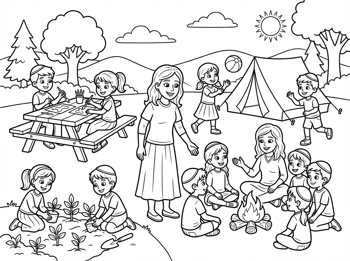 עם אפשר את הגננת מזל מוריה עם חצאית בקייטנה וגם את הבנות בחצאית  והילדים הבנים עם כיפה