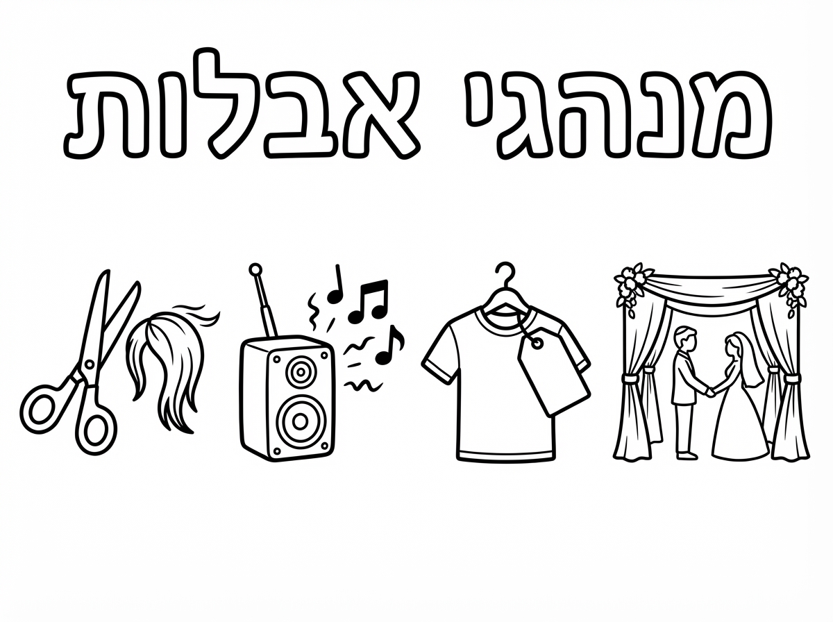 תוכל להכין לי דף צביעה כותרת למעלה
 מנהגי אבלות : למטה תמונה של תספורת , רמקול עם שירים, בגד חדש או פרי חדש. חתונה