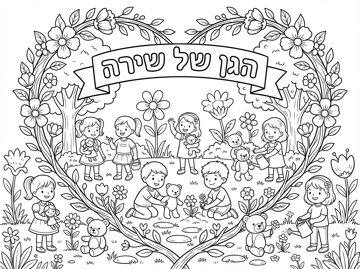 הגן של שירה עם מסגרת לבבות  ילדים וילדות בובות ודובונים