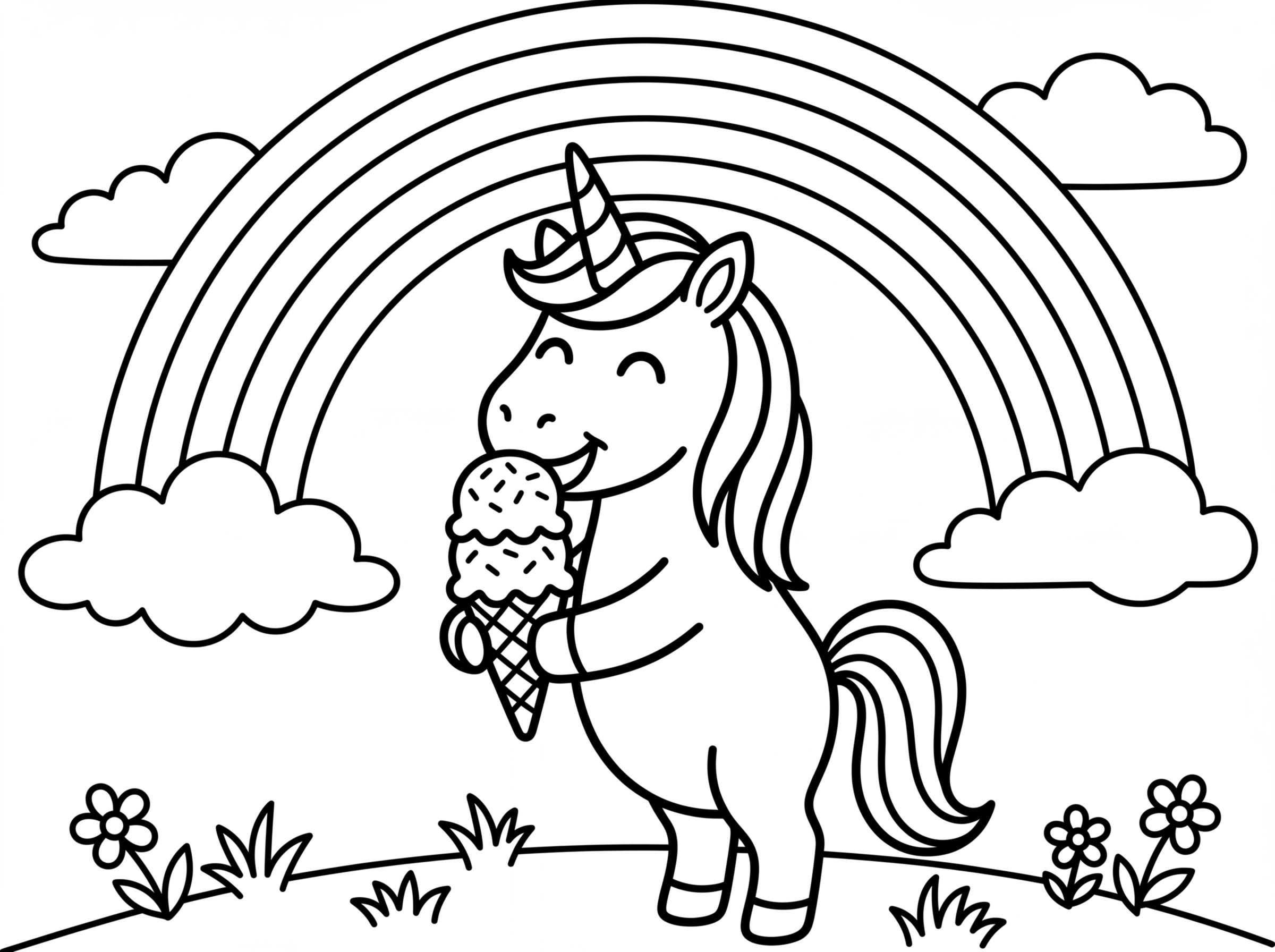 תכין לי דף צביעה של חד קרן אוכל גלידה 
ובשמיים קשת בענן