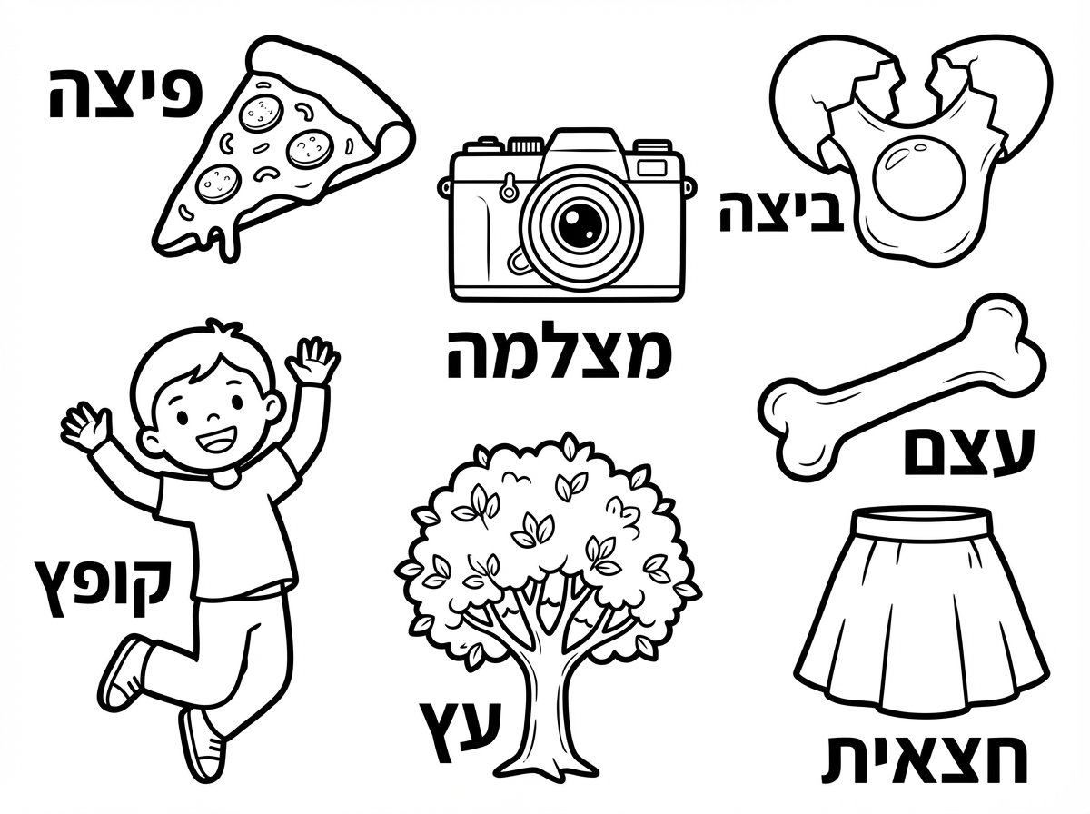 דף צביעה עם המילים: 
פיצה, קופץ, מצלמה, עץ, ביצה, עצם, חצאית