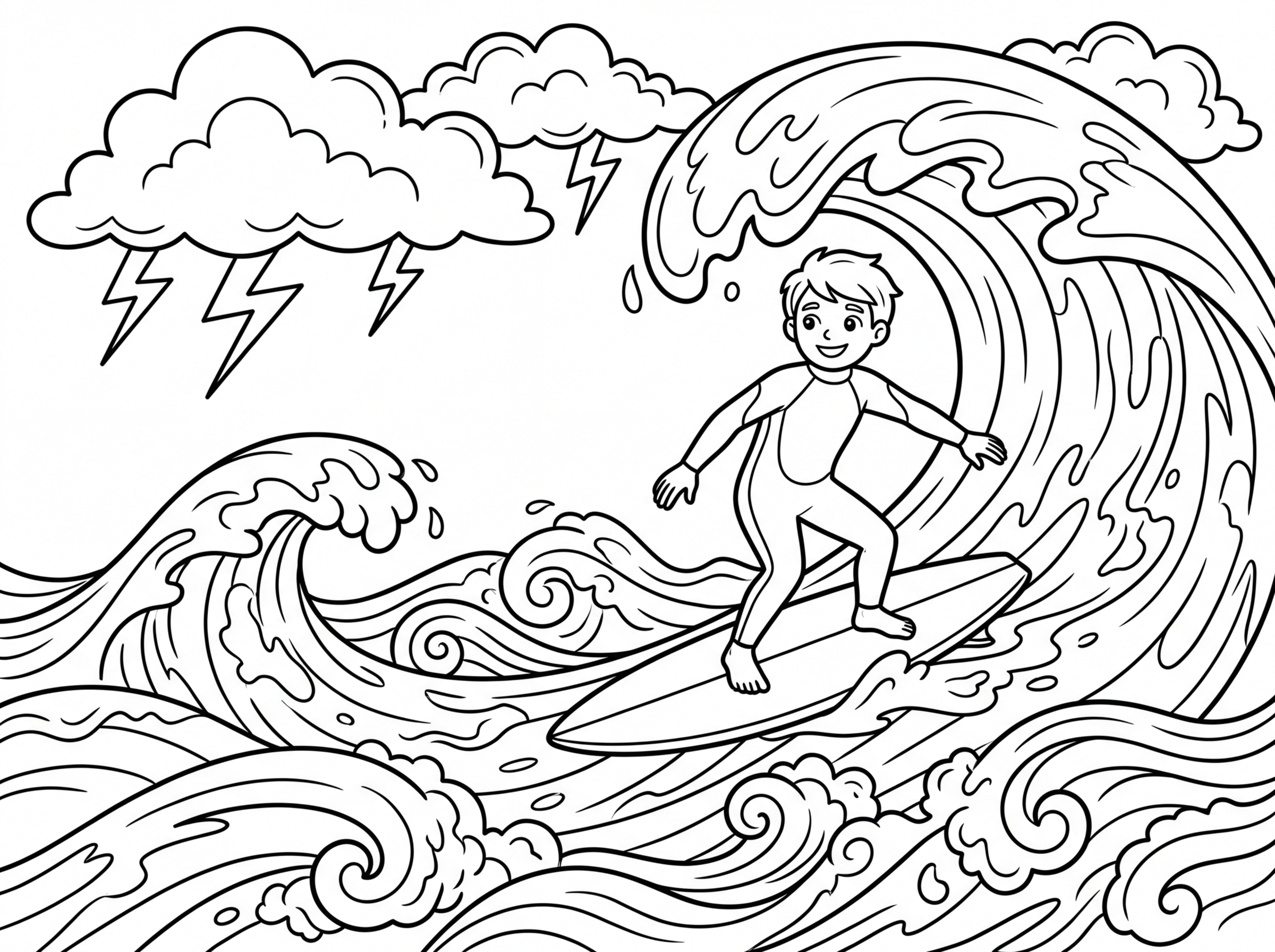 אדם גולש בים סוער וגל מעל הגולש עיפרון עדין מלא לא רק קווי מתאר