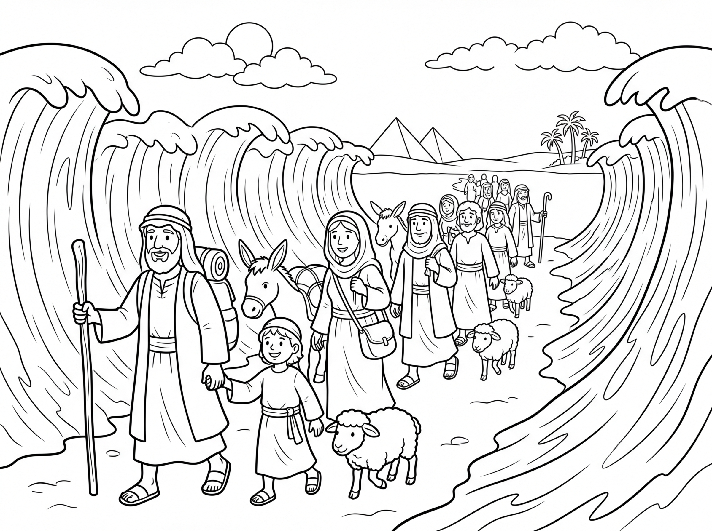 צור לי דף צביעה של בני ישראל יוצאים ממצרים וחוצים את הים בקריעת ים סוף, גברים, נשים וילדים עם לבוש מתאים לתקופת יציאת מצרים
