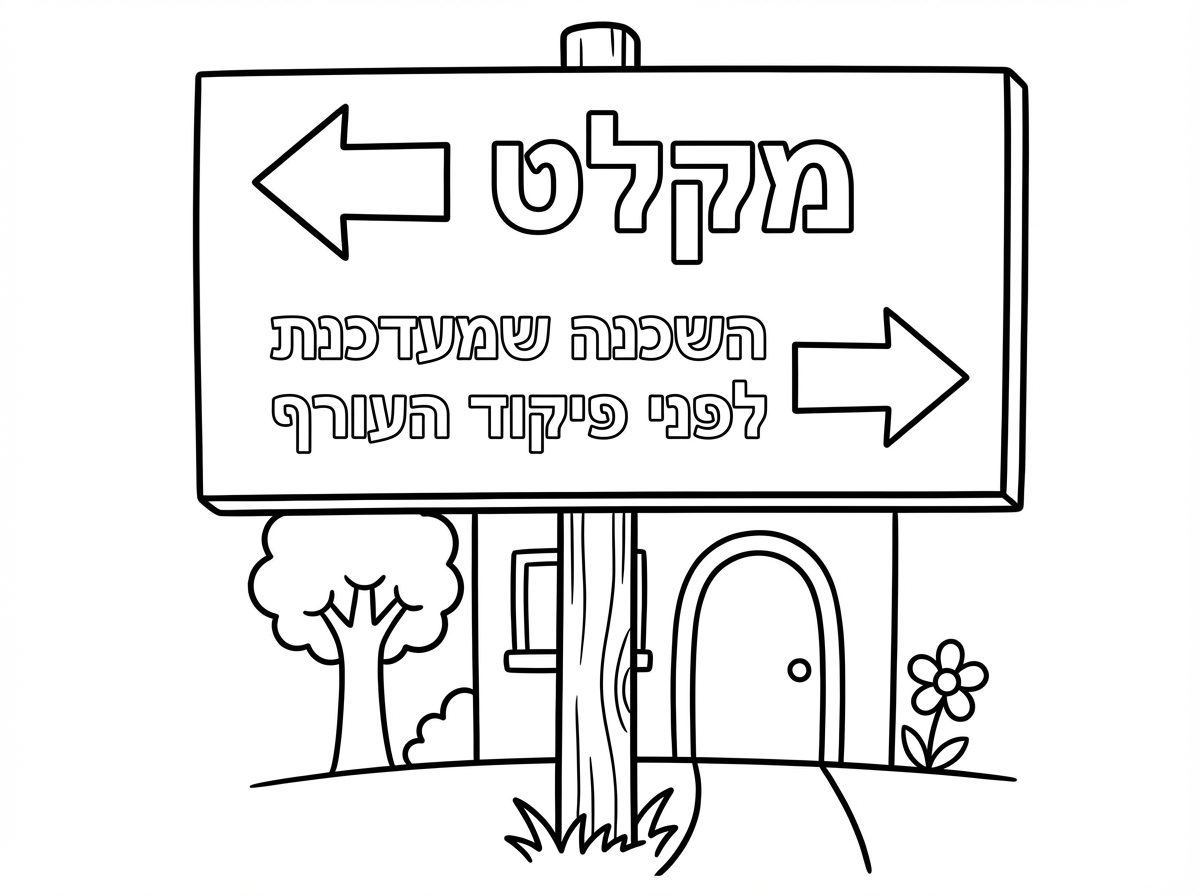 תמונה: שלט בכניסה לבניין עם חיצים.  
   חץ שמאלה: “מקלט”.  
   חץ ימינה: “השכנה שמעדכנת לפני פיקוד העורף”.