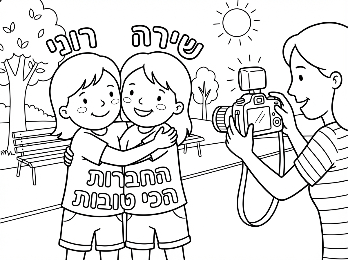 שתי ילדות שלאחת מהן קוראים רוני ולשניה שירה (שיהיה כתוב מעליהן) ועל החולצה שלהן יהיה כתוב החברות הכי טובות.  הן מתחבקות ואמא שלהן מצלמת אותן