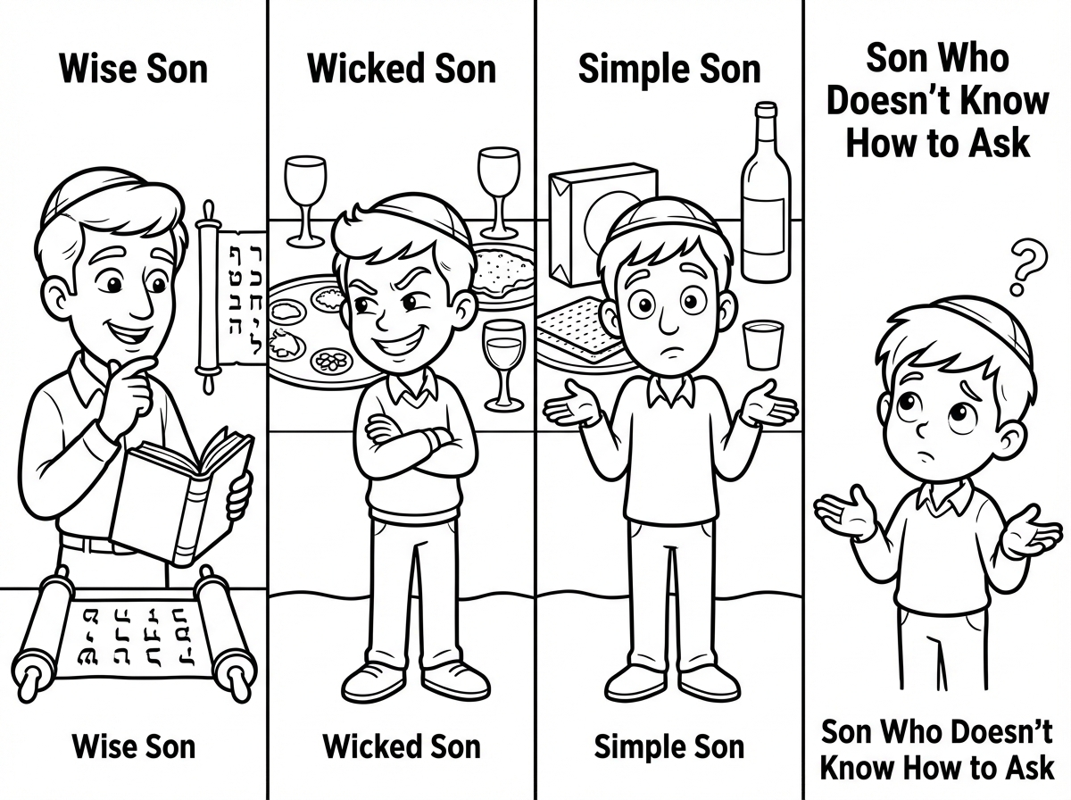 דף צביעה שחור לבן
ארבעת הבנים של ההגדה
כולם עם כיפה