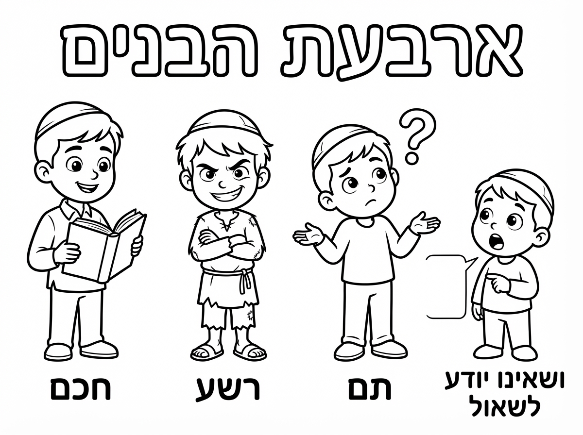 רק ארבעת הבנים
בלי הרקע מאחור
וכתוב בעברית

כותרת ארבעת הבנים
מתחת כל אחד לכתוב את שלו

חכם
רשע
תם
ושאינו יודע לשאול
