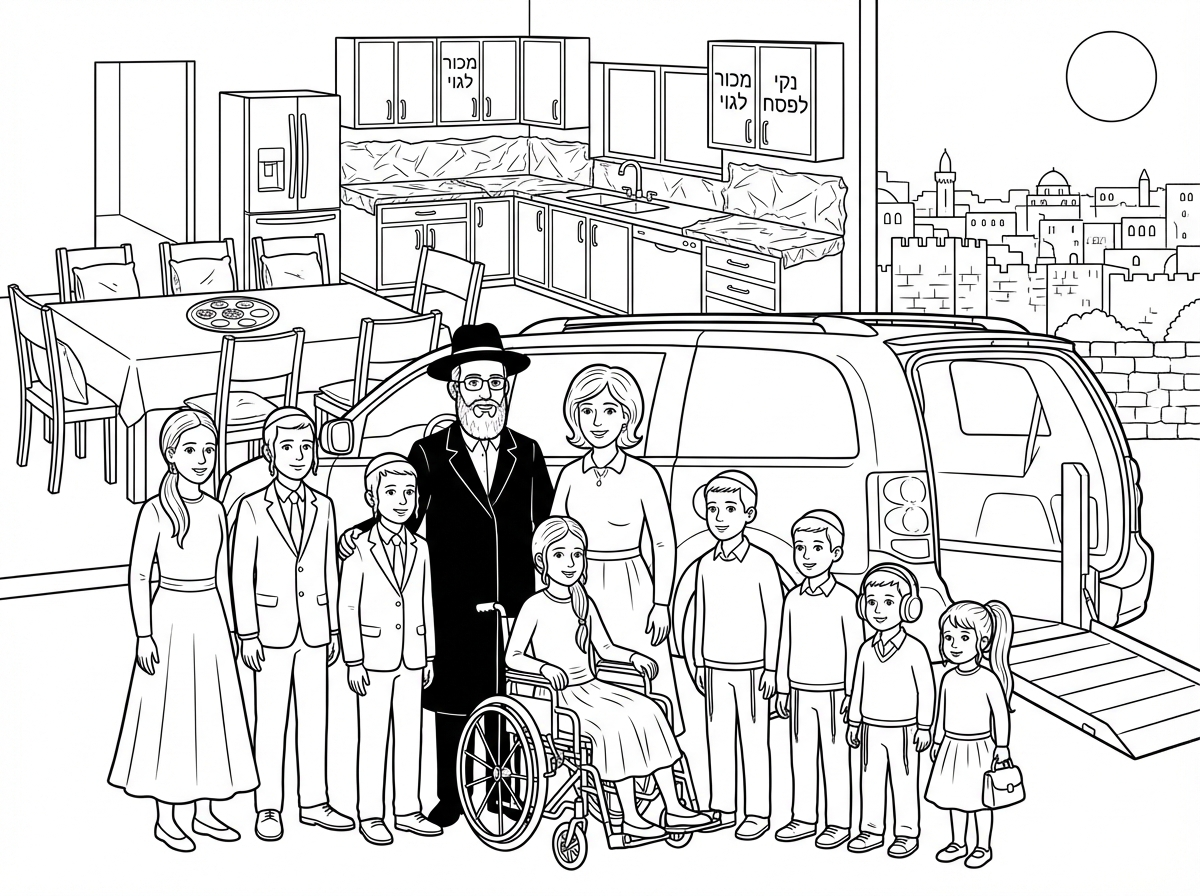 דף צביעה של
משפחת כהן
משפחה חרדית הכוללת הורים ו8 ילדים
האבא עם כובע ישיבתי
ואמא עם פאה נכרית
בחורה בגיל 16
בחור בגיל 14
בחור נוסף בגיל 12.5
ילדה על כסא גלגלים בגיל 12 עם חצאית וקוקו ארוך
ילד בגיל 10
ילד בגיל8
ילד אוטיסט עם אוזניות בגיל 6
ילדה קטנה בגיל 4 שממנה, עם חצאית וקוקו ארוך
יוצאים לטיול משפחתי, ביום שמשי עם הרכב המשפחתי הגדול שיש לו מעלון מאחור
המשפחה ליד הרכב 
ברקע נראה הבית מסודר כבר לליל הסדר כולל כריות בכסאות וקערת ליל הסדר, מטבח מסודר שיש עם ציפוי ניר כסף, על חלק מהארונות מטבח כתוב מכור לגוי, ועל חלקם כתוב נקי לפסח.
ברקע רואים את העיר העתיקה בירושלים.