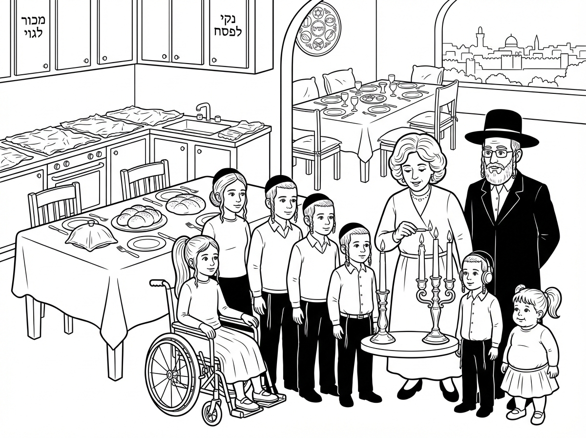 דף צביעה של
משפחת כהן
משפחה חרדית הכוללת הורים ו8 ילדים
האבא עם כובע ישיבתי
ואמא עם פאה נכרית
בחורה בגיל 16
בחור בגיל 14
בחור נוסף בגיל 12.5
ילדה על כסא גלגלים בגיל 12 עם חצאית וקוקו ארוך
ילד בגיל 10
ילד בגיל8
ילד אוטיסט עם אוזניות בגיל 6
ילדה קטנה בגיל 4 שממנה, עם חצאית וקוקו ארוך
ערב שבת הגדול עומדים ליד אמא בהדלקת נרות בצד שולחן עם מקום לכולם בצמצום, עם חלות על השולחן, 
ברקע נראה הבית מסודר כבר לליל הסדר כולל כריות בכסאות וקערת ליל הסדר, מטבח מסודר שיש עם ציפוי ניר כסף, על חלק מהארונות מטבח כתוב מכור לגוי, ועל חלקם כתוב נקי לפסח.
ברקע רואים את העיר העתיקה בירושלים.
