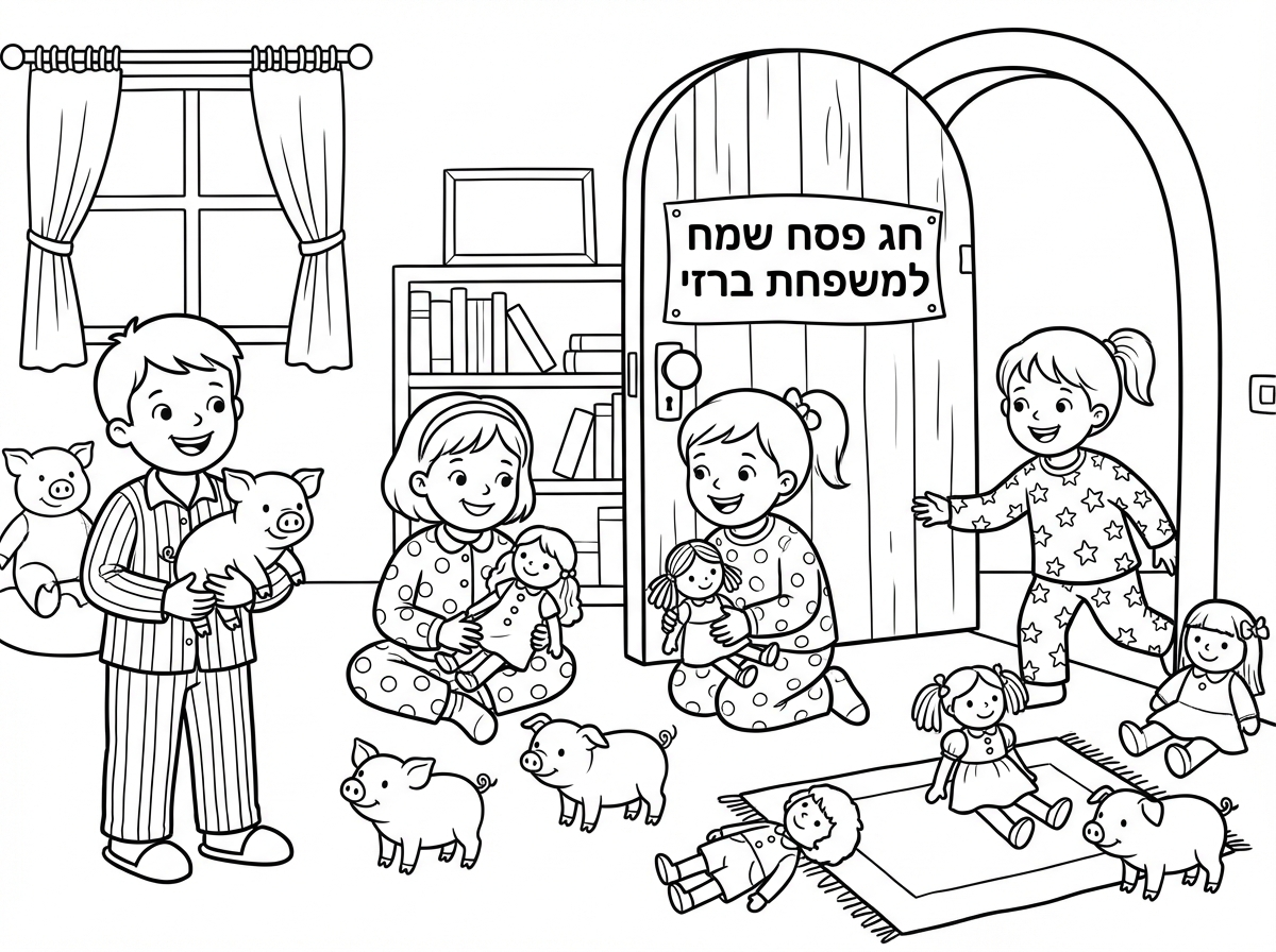 שלום שלום. נה נה, לבינה חברים מסטורים, עם פיג'מות ועם דברים, ועם בובות, ועם חזירים ועם מלא חברים מסטורים, ושל הדלת תלוי חג פסח שמח למשפחת ברזי, ברזי, ברזי.