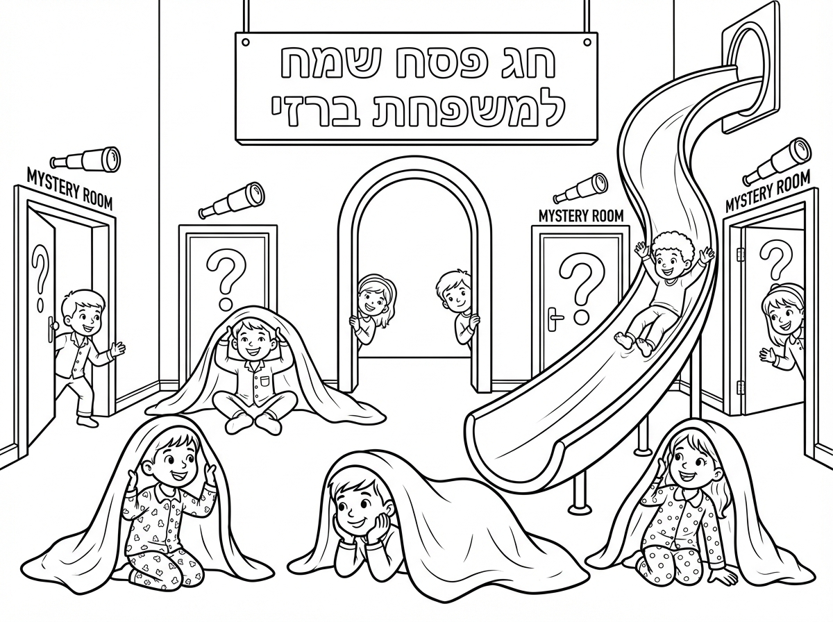 מלא ילדים במסיבת פיג'מות ויש להם מלא חדרי מיסטורין ומגלשה כזאת מגניבה, ויש מלא שמיכות שהם מתחבים מתחת. ועל השלט של הדלת כתוב מעל לדלת ממש יפה, ממש ממש בא לי ממש יפה, כתוב חג פסח שמח למשפחת ברזי.