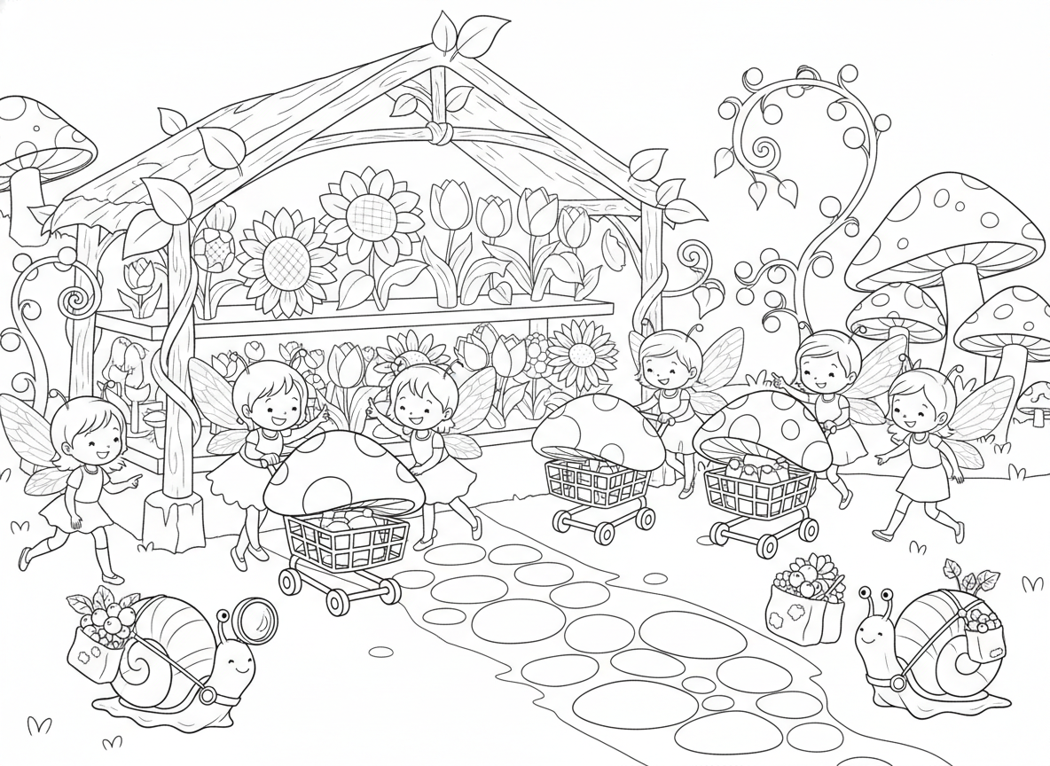 סופרמרקט של פיות
פטריות כעגלות קנייה, פרחים במדפים, וחלזונות קטנים שמובילים משלוחים.