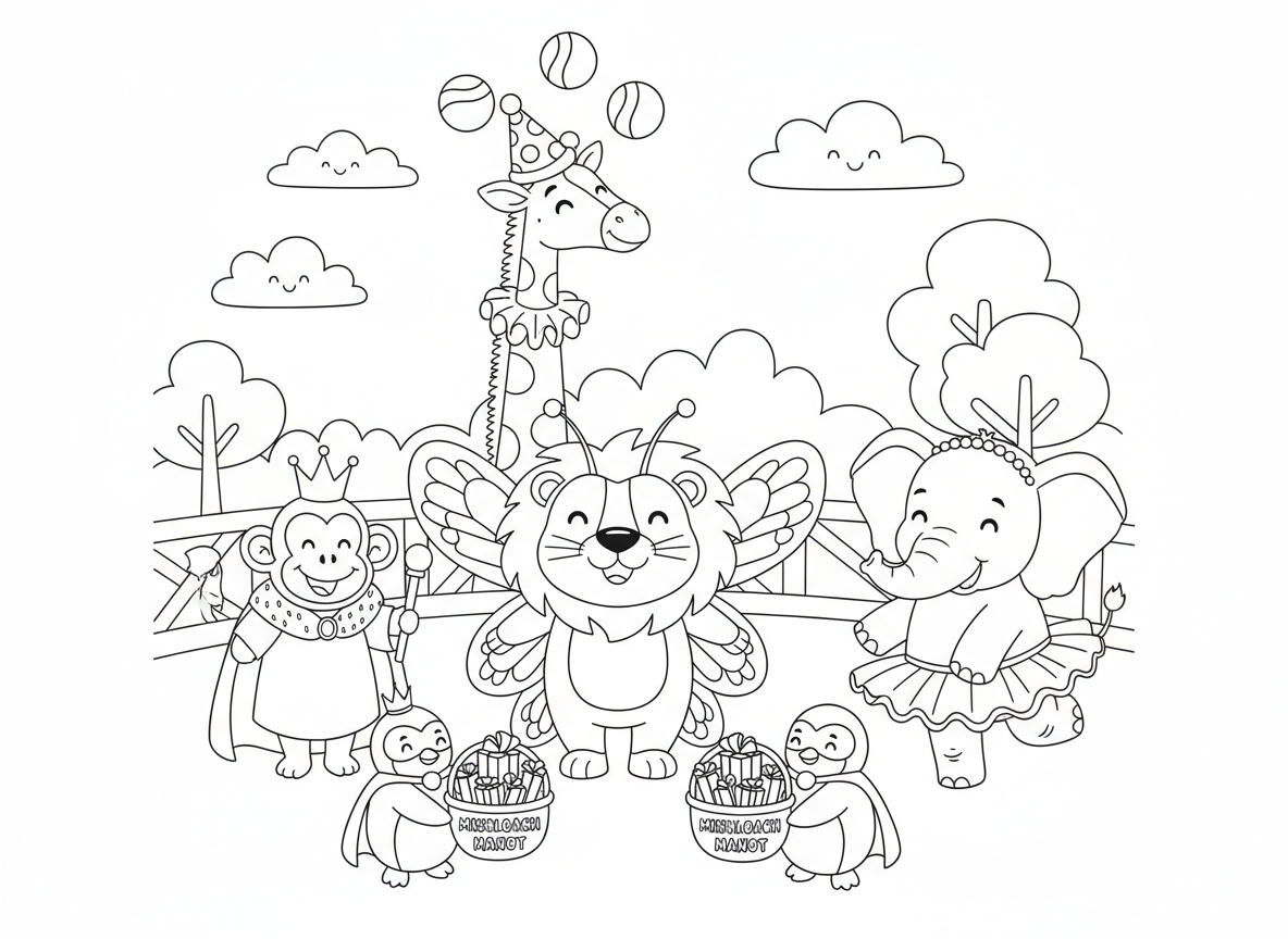 פורים בגן החיות - אריה מחופש לפרפר, קוף לובש תחפושת מלך עם כתר, פיל בחצאית בלרינה, ג׳ירפה מחופשת לליצן עם כובע זעיר, ופינגווינים מחופשים לגיבורי על מחלקים משלוחי מנות