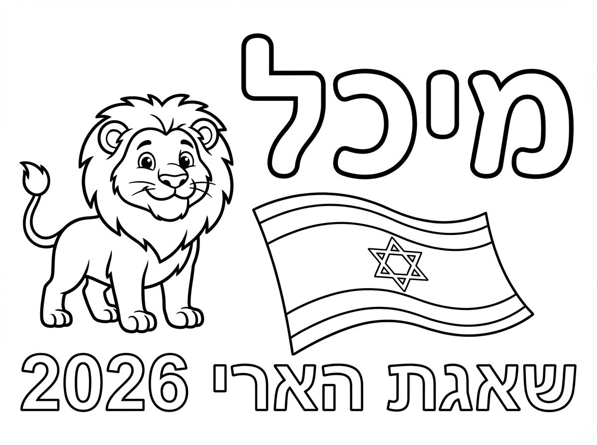 תכין לי דף צביעה של השם שלי מיכל עם דגל ישראל ואריה ותכתוב שאגת הארי 2026
