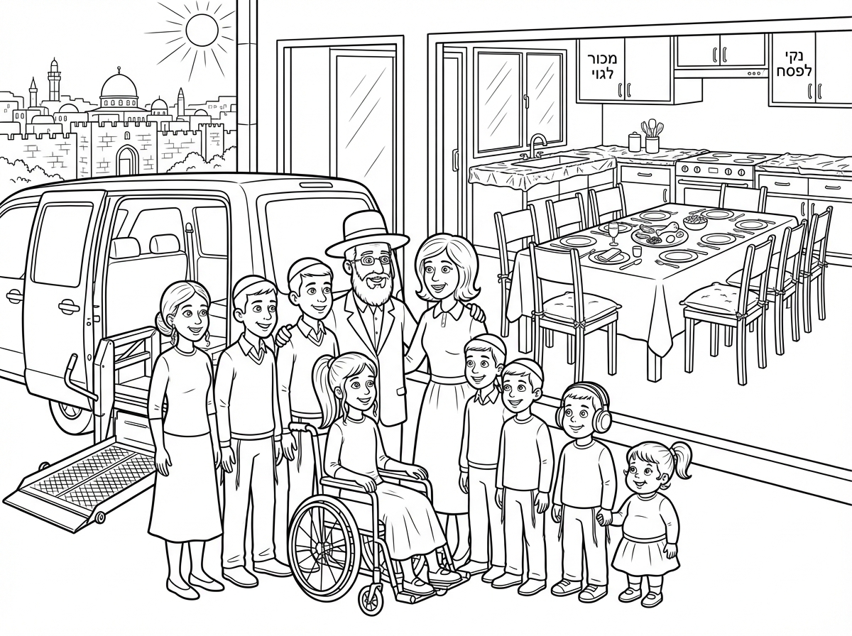 דף צביעה של
משפחת כהן
משפחה חרדית הכוללת הורים ו8 ילדים
האבא עם כובע ישיבתי
ואמא עם פאה נכרית
בחורה בגיל 16
בחור בגיל 14
בחור נוסף בגיל 12.5
ילדה על כסא גלגלים בגיל 12 עם חצאית וקוקו ארוך
ילד בגיל 10
ילד בגיל8
ילד אוטיסט עם אוזניות בגיל 6
ילדה קטנה בגיל 4 שממנה, עם חצאית וקוקו ארוך
יוצאים לטיול משפחתי, ביום שמשי עם הרכב המשפחתי הגדול שיש לו מעלון מאחור
המשפחה ליד הרכב 
ברקע נראה הבית מסודר כבר לליל הסדר כולל כריות בכסאות וקערת ליל הסדר, מטבח מסודר שיש עם ציפוי ניר כסף, על חלק מהארונות מטבח כתוב מכור לגוי, ועל חלקם כתוב נקי לפסח.
ברקע רואים את העיר העתיקה בירושלים.