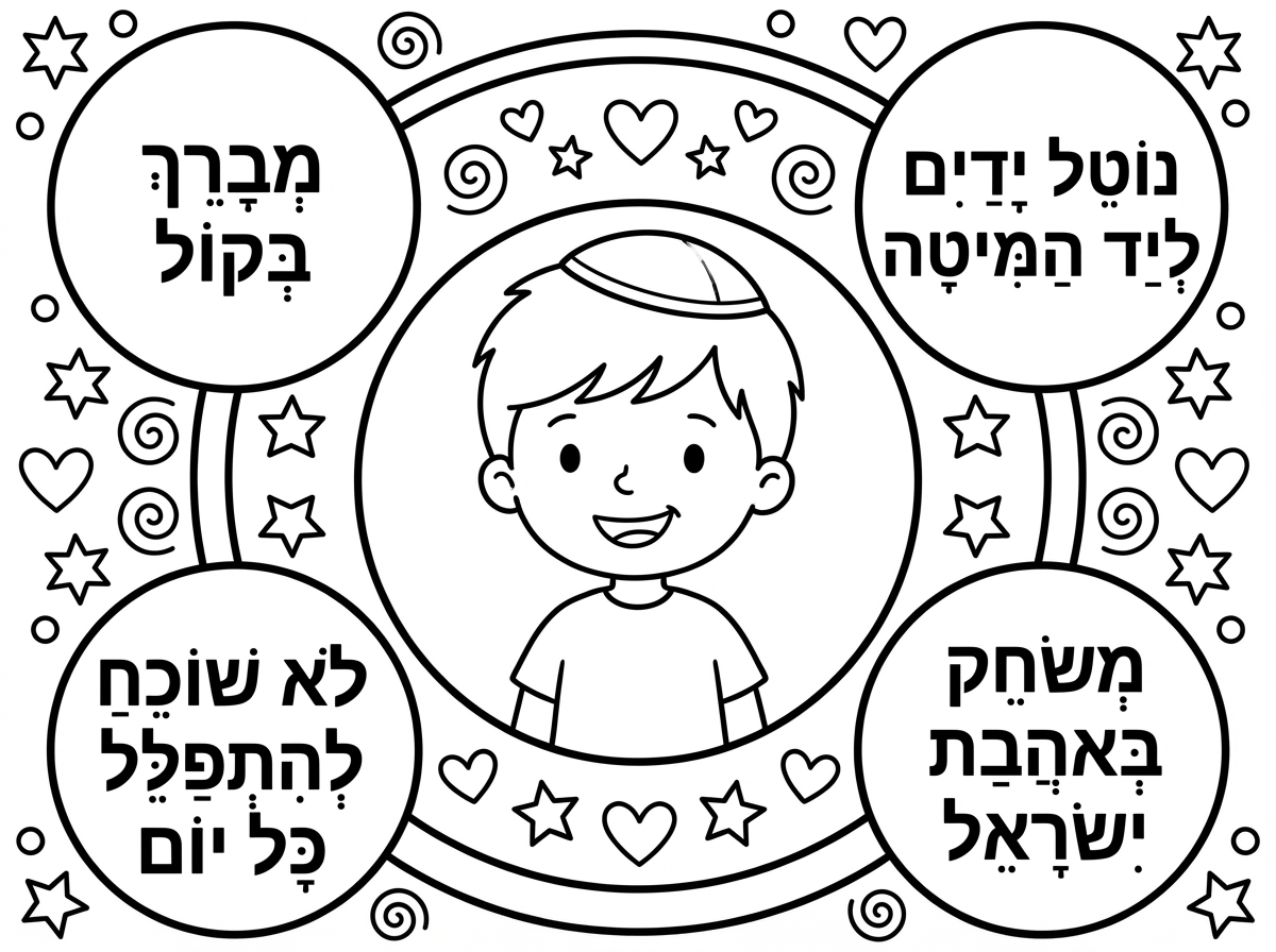שבתוך העיגולים 
•מברכת בקול - מברך בקול
•נוטלת ידיים ליד המיטה - נוטל ידיים ליד המיטה 
•לא שוכחת להתפלל כל יום - לא שוכח להתפלל כל יום 
•משחקת באהבת ישראל - משחק באהבת ישראל