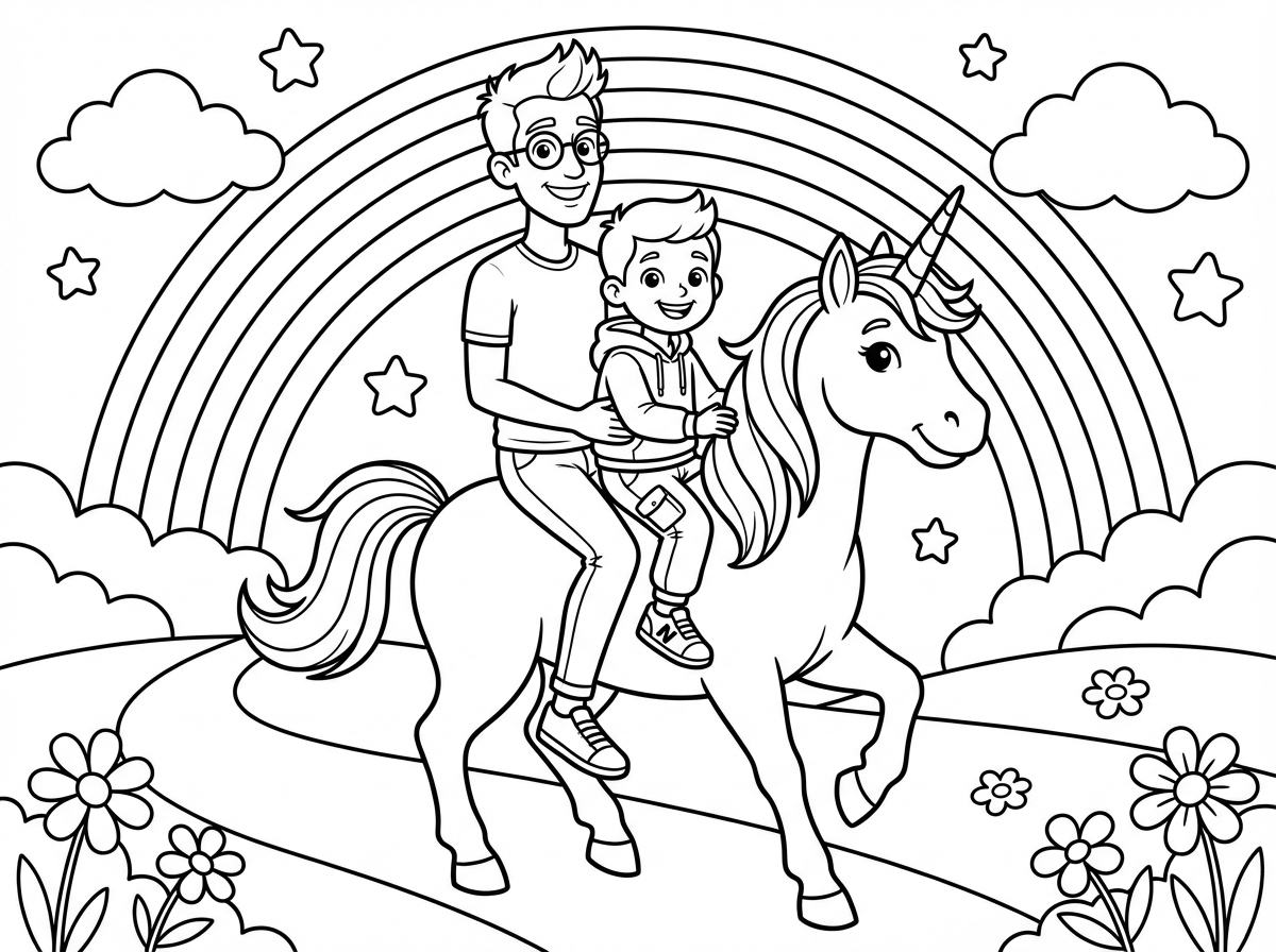 דף צביעה לילדים בני 4, קווים שחורים ורקע לבן. מצויירים ילד בן 6 ואביו, שניהם רזים ויפים, רוכבים יחד על חד קרן אל עבר הקשת.

הילד:
שיער קצר עם טיפה בלורית, עיניים כחולות (אל תצבע רקע, תשאיר לבן).
עיניים גדולות ומבריקות, לובש קפוצ'ון, מכנסי ג'וגינג אופנתיים עם כיסים בצדדים, ונעלי ספורט עם הN של חברת ניו באלנס.

האבא עם שיער שחור קצוץ מאוד, וקצת קוצים, בעיקר בלורית מקדימה, עיניים כחולות ומשקפיים. נראה טיפה כמו גירסא מבוגרת של הארי פוטר בגילום דניאל רדקליף. האבא חזה אבל עם שרירי ידיים ובית חזה מפותחים. חולצת טי צמודה ומכנסיים צמודים.

שניהם מאירים ומחייכים, נראים קרובים ואוהבים.