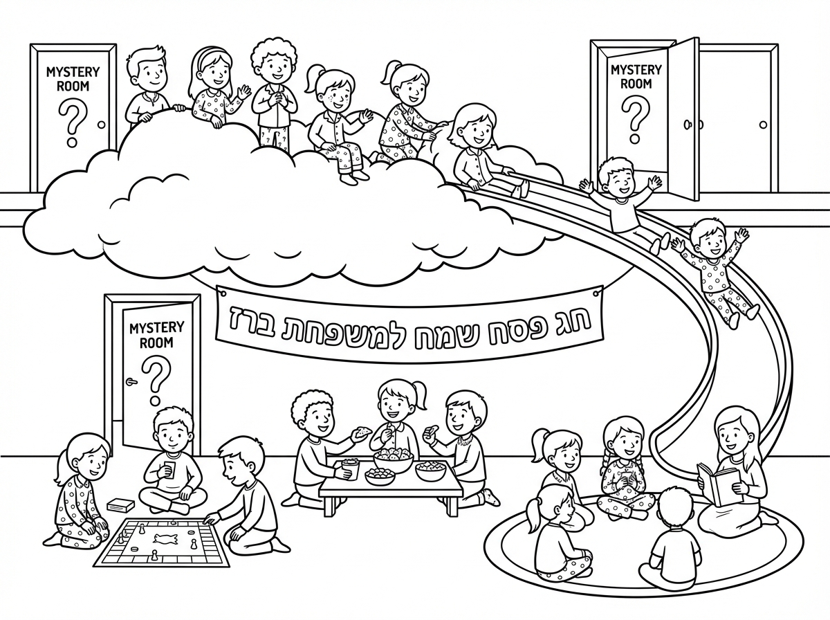 יש מלא מלא ילדים ועם מסיבת פיג'מות ויש מלא חדרי מיסטורין גם בקומה למטה וגם בקומה למטה. ויש מלא ילדים גם בקומה למעלה וגם בקומה למטה. ויש מלא עננים שמפוברים. כאילו מלא עננים ויש כזאת מגלשה של כאילו עננים ומלא ילדות עם מלא משחקים, עם מלא חטיפים, עם מלא סיפורים ו ועל השלט של הבית כתוב חג פסח שמח למשפחת ברז.