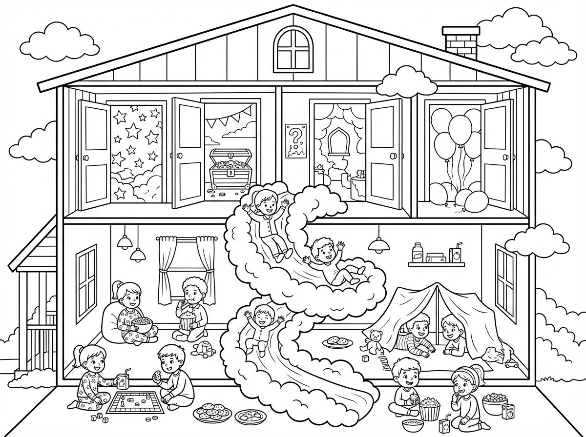 על הצמיחות על הקצפה. מלא ילדים במסיבת פיג'מות. מלא עננים ומגלישה שהיא מעננים כאילו כל המגלישה. וחטיפים מפוזרים ומשחקים שהילדים משחקים. מלא ילדים במסיבת פיג'מות. מלא חדרים היסטוריים בשתי קומות. אבל כמו הקודם שעשית לי, לא שעכשיו עשית לי, הקודם הקודם הקודם, הראשון שעשית לי, הוא היה הכי מגניב. תעשה לי את זה כמו הקודם.