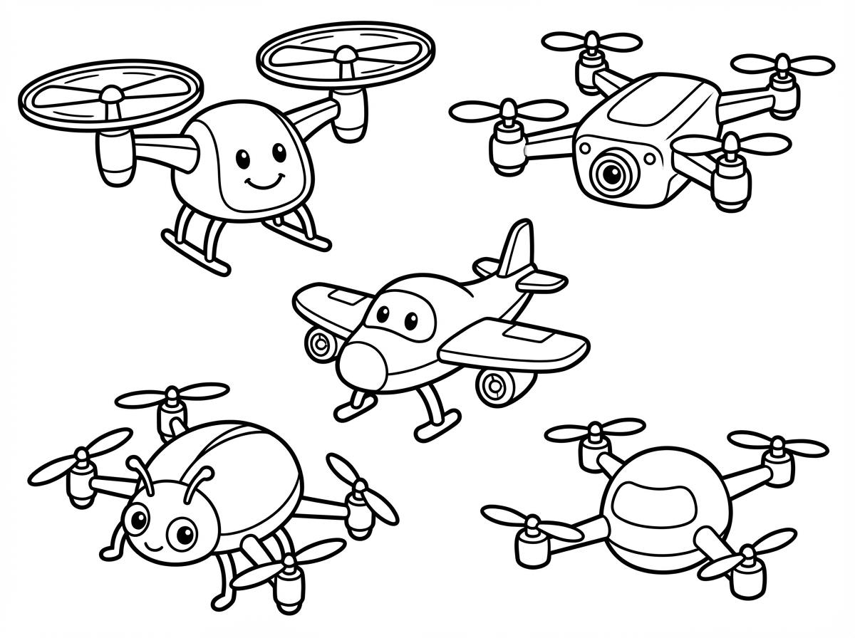 אני רוצה עוד ציור של רחפן 5 רחפנים בדף