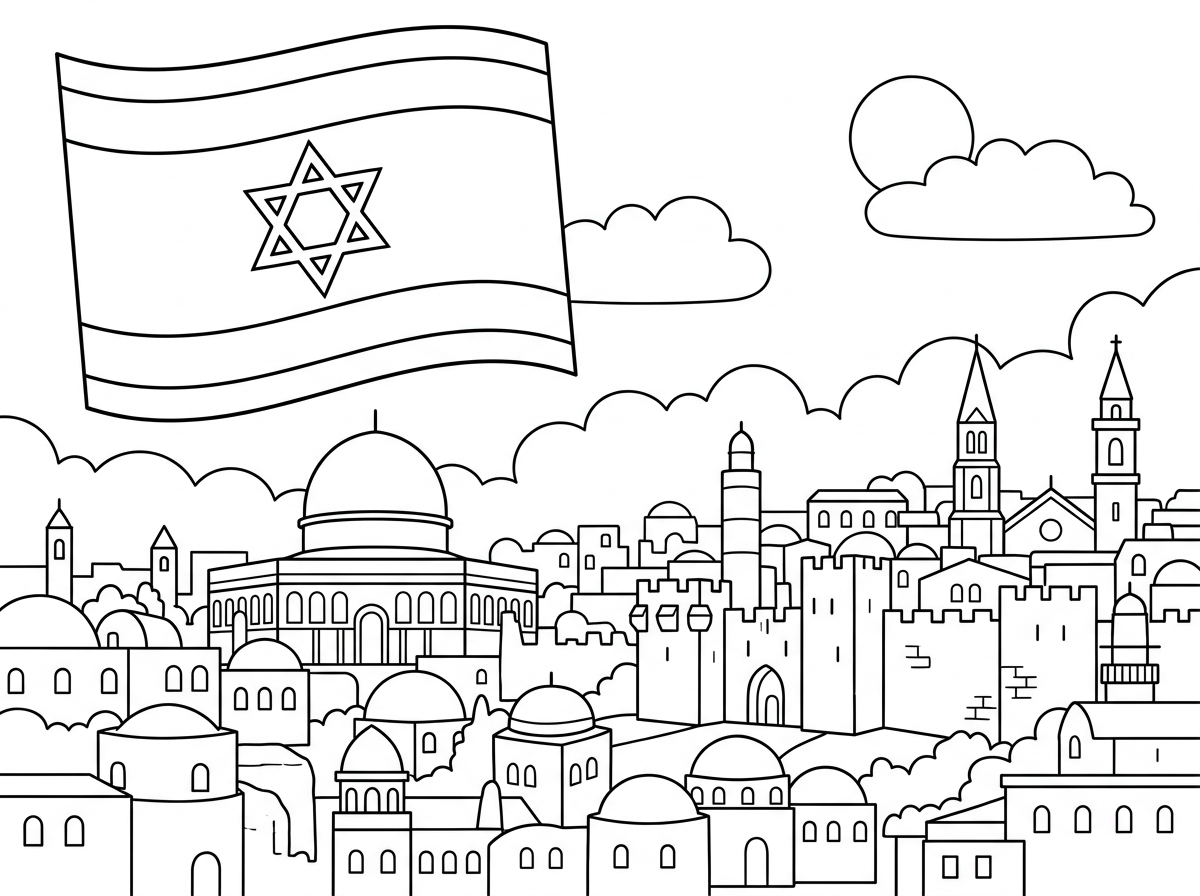 ציור של דגל ישראל בנוף ירושלים