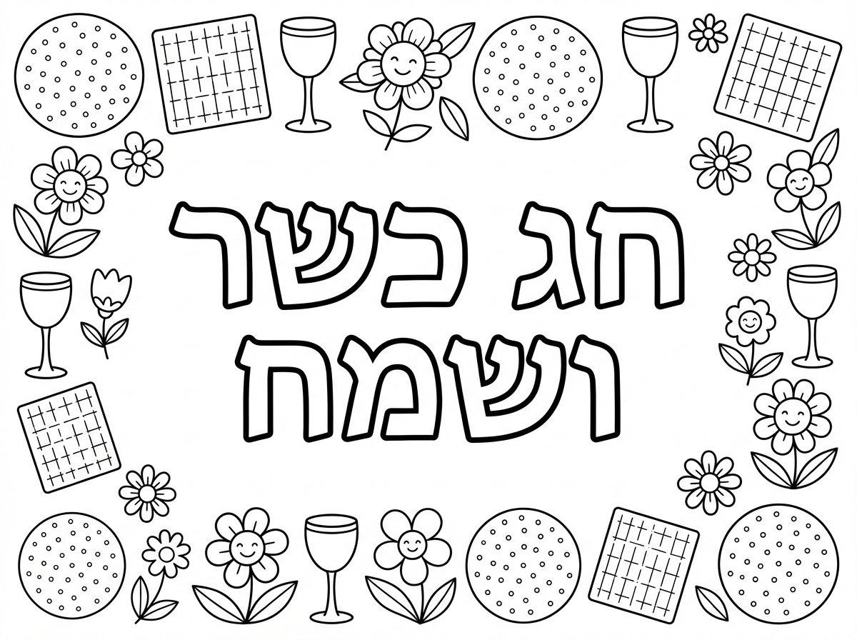 דף ציור שכתובחגכשר ושמח באמצע. מסביב מסגרת של פרחים ,מצות עגולות , מצות מרובעות וגביעי יין