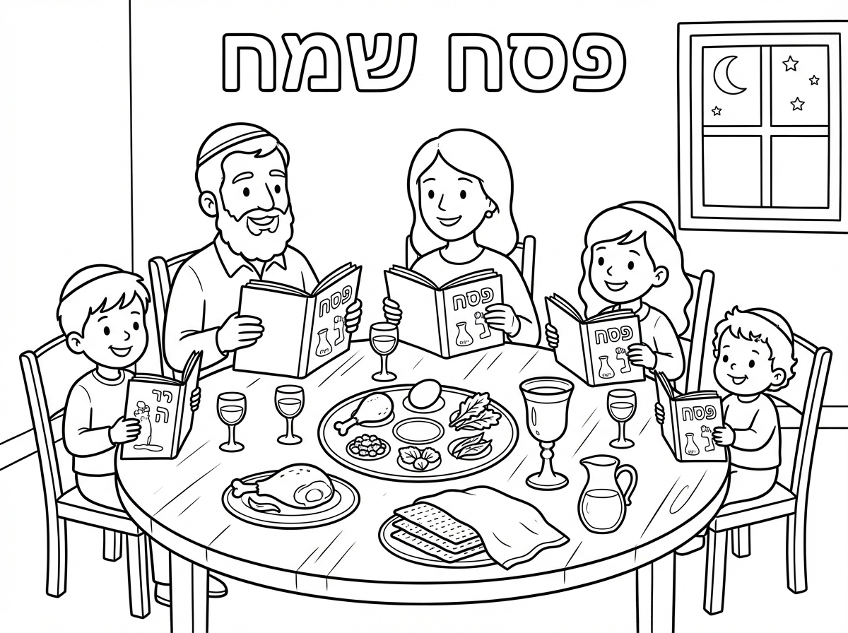 צור לי דף צביעה של משפחה חוגגת את ליל הסדר. כל בני הבית מחזיקים הגדות של פסח ושלמעלה יהיה כתוב פסח שמח