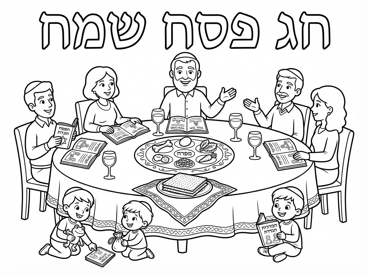 ליל הסדר של כל המשפחה יחד סביב שולחן הסדר
לכתוב בראש הציור חג פסח שמח
על השולחן תהיה מפה, קערת סדר, מצות, כוסות יין.  הגדות של פסח, מבוגרים יושבים מסביב לשולחן וילדים משחקים