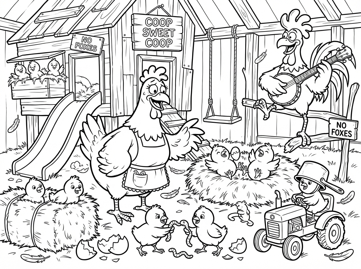 שלום
תכין לי בבקשה ציור קריקטורי של משפחת תרנגולים ואפרוחים. בית בסגנון לול עם המון קטעים משעשים  חלק מהאפרוחים רבים חלקם משחקים הרבה בלאכן וצחוקים ואמא תרנגולת שמנסה להשתלט ולא מצליחה אבל שמחה ולא עצבנית  והעיקר שיהיה צחוק משעשע מאוד