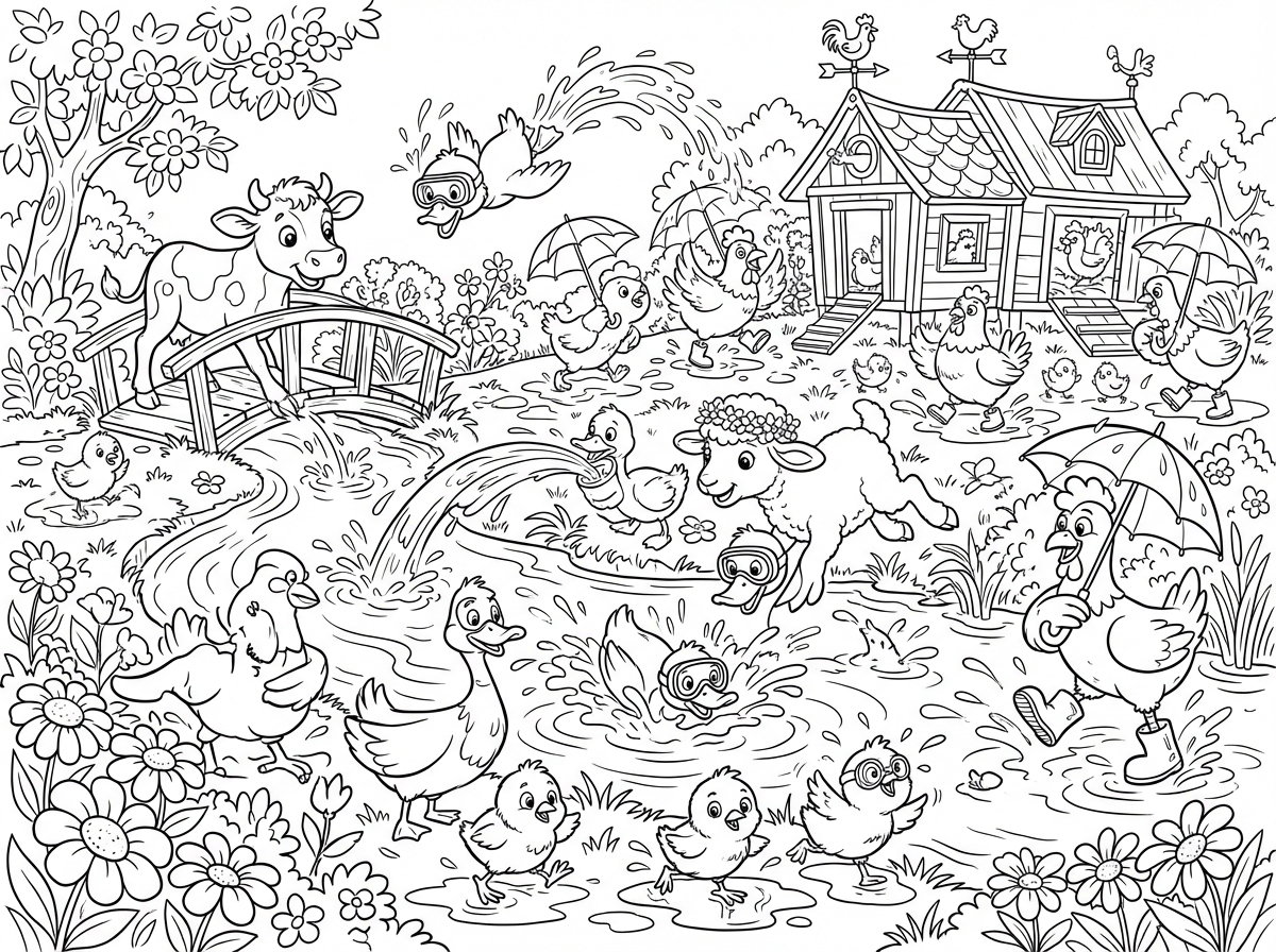 יופי תכין לי עוד דף הפעם האפרוחים משחקים עם השכנים הברווזים בגינה ליד הלול יש שם נהר והם משפריצים מלא מים ומשתוללים המוןןןן ברווזים אפרוחים תרנגולים וחיות טהורות חמודות  הכל בסגנון קריקטורי עם הרבה פרטים משעשים ומענינים