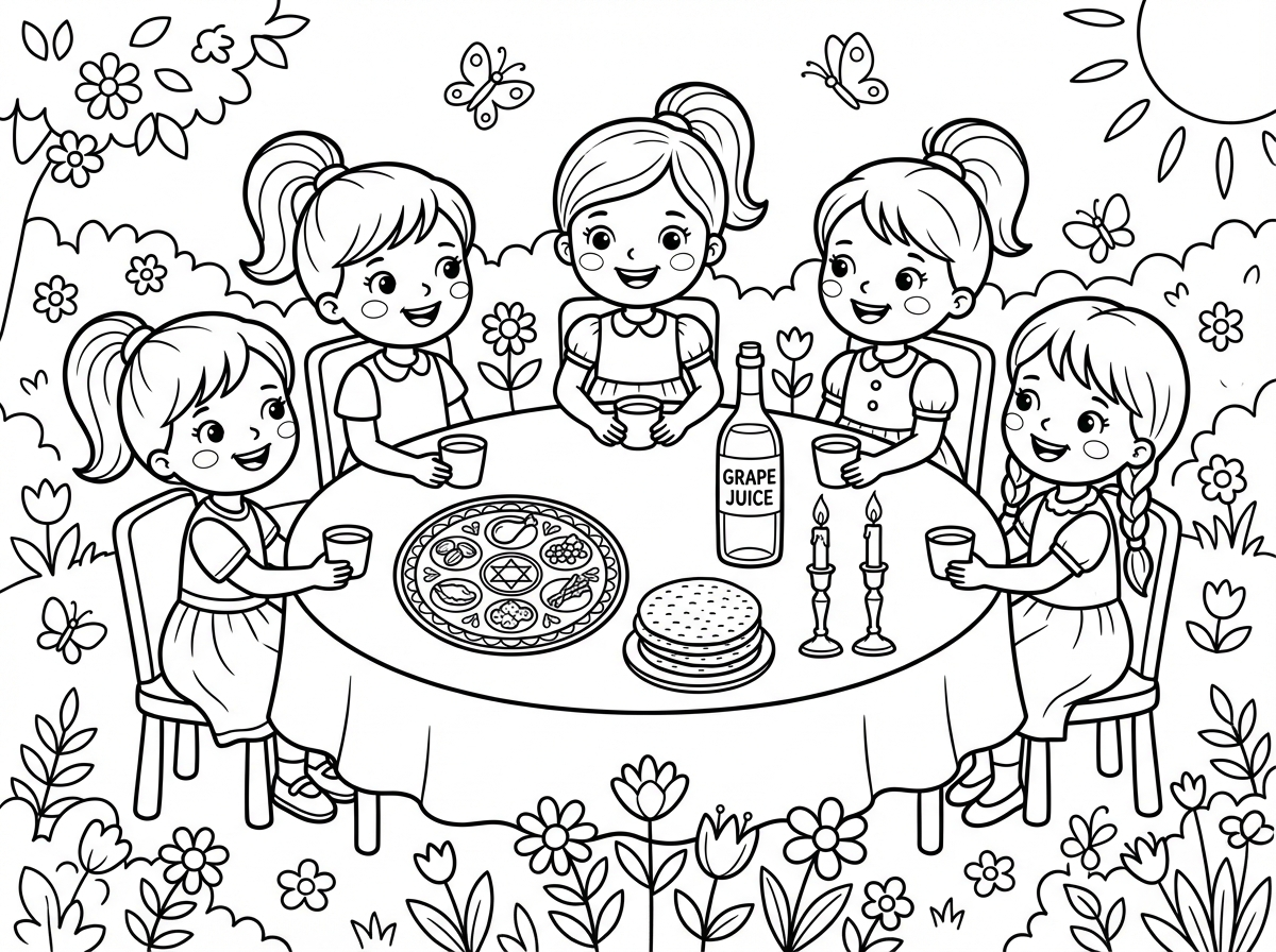 דף צביעה
ילדות קטנות בגיל גן
לבושות שמלות חגיגיות עם תסרוקת אסופה בשיער
יושבות בגן 
סביב שולחן ליל הסדר
עם כוס ליד כל ילדה
באמצע קערת ליל הסדר ומצות עגולות ובקבוק מיץ ענבים
ושתי נרות דלוקים

אין דובים וחיות לא טהורות בתמיהה