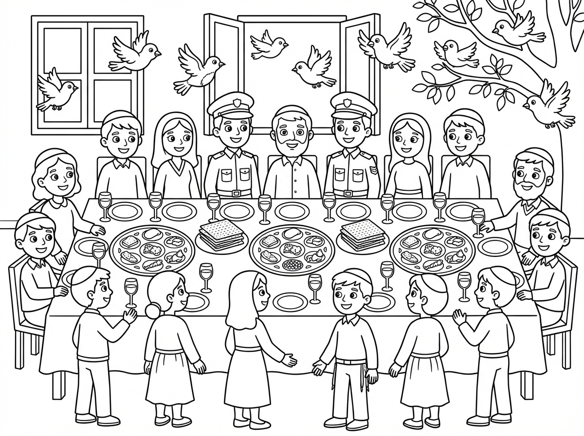 צייר לי שולחן ליל הסדר עם 20 משתתפים 3 קערות סדר אנשים ללא כיפות 2 חיילים יושבים שם וציפורים ברקע