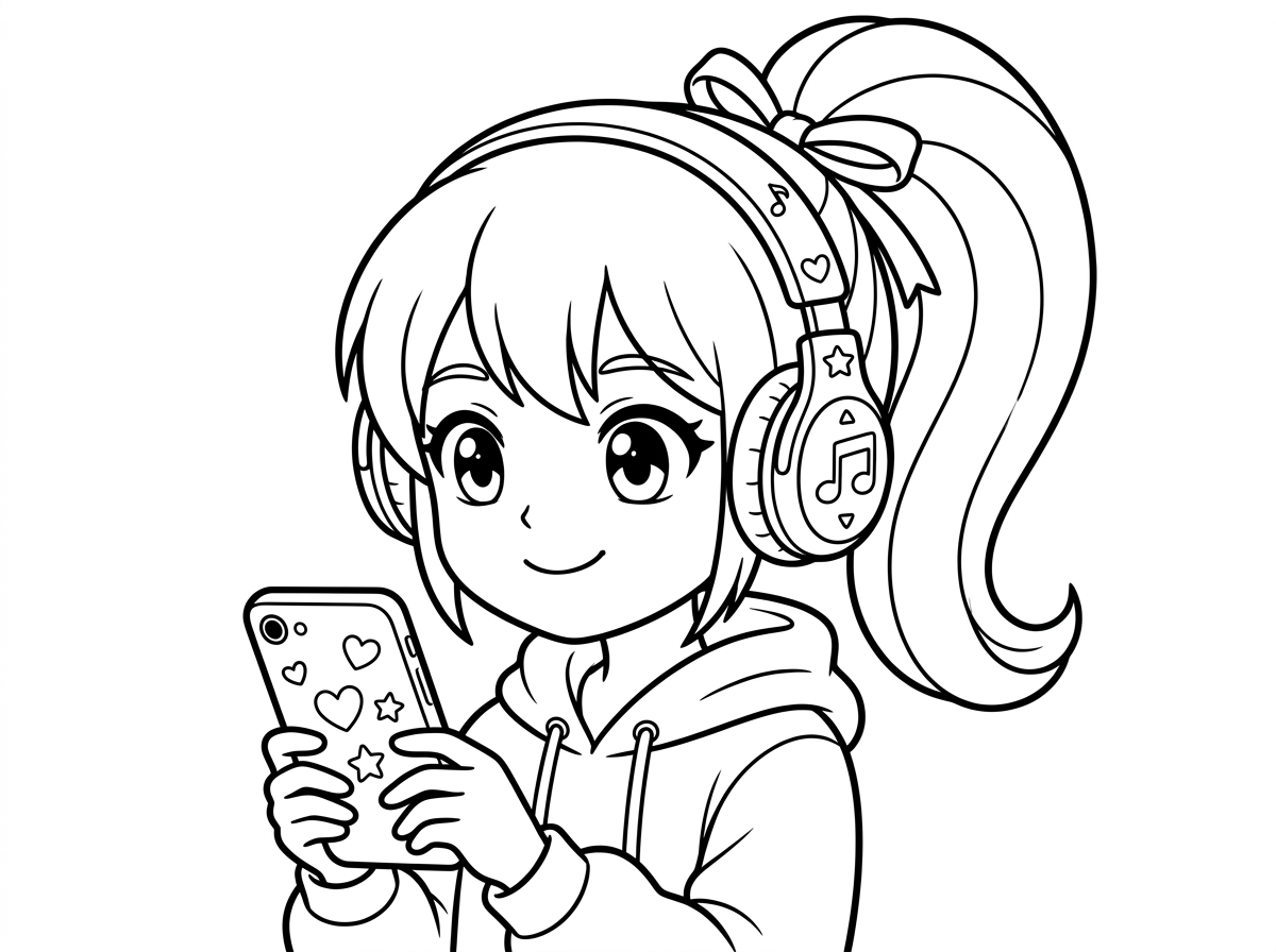 תיצור לי ילדת אנימה עם אוזניות שמחזיקה טלפון ויש לה קוקו אחד גבוה