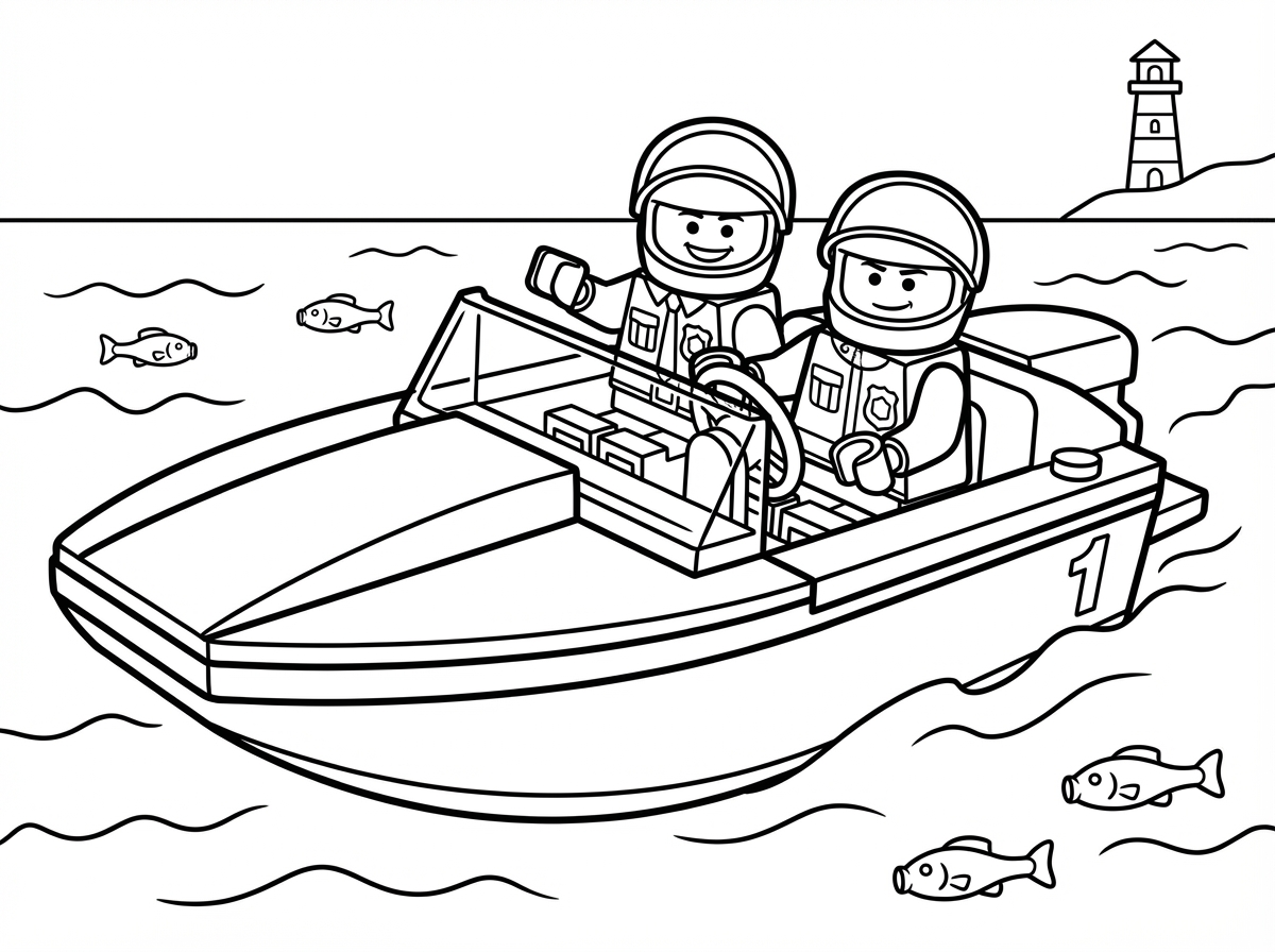 צור סירת מרוץ בים עם שני אנשי לגו במדי משטרה