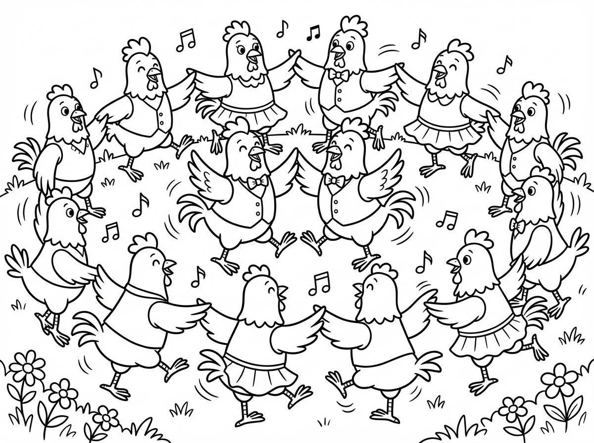 ,תכין לי דף צביעה מעגל ריקוד של תרנגולות