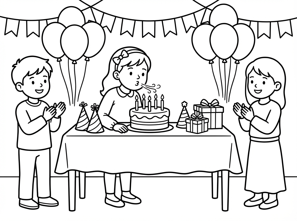 תכין לי בבקשה עוד דף עם ציור של מסיבת יום הולדת לילדה (בלבוש צנוע)