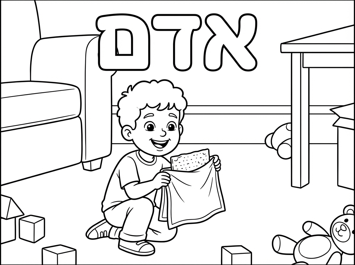 רשום את השם אדם בכתב מנופח וילד שמח וחמוד מוצא את האפיקומן