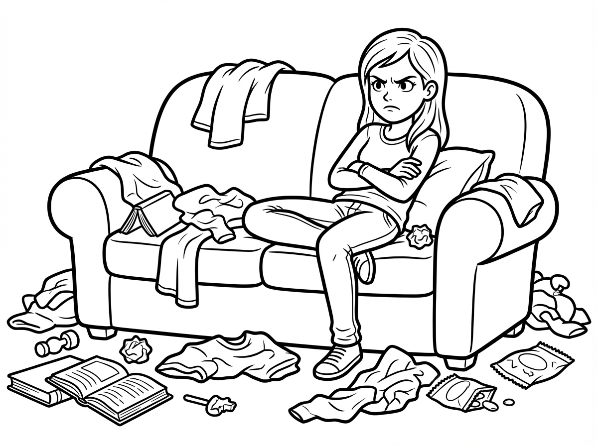 צור תמונה של נערה מתבגרת שיושבת על הספה מתוסכלת ומסביבה מלא בלגן