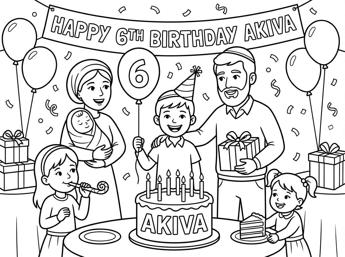 צור לי דף צביעה של ילד שקוראים לו עקיבא וחוגג יומולדת 6 עם אבא אמא אחותו בת 5 אחות בת 2 ותינוקת בת 4 חודשים משפחה דתיה אבא עם כיפה ואמא עם כיסוי ראש
