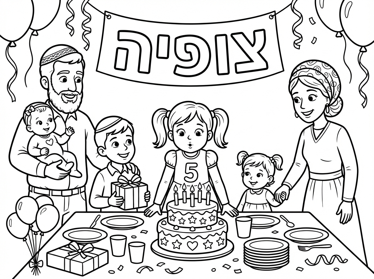 תיצור לי דף צביעה יומולדת לצופיה חוגגת 5 עם אבא אמא אח בן 6 אחות בת 2 ותינוקת בת 4 חודשים אח ואבא עם כיפות ואמא עם כיסוי ראש