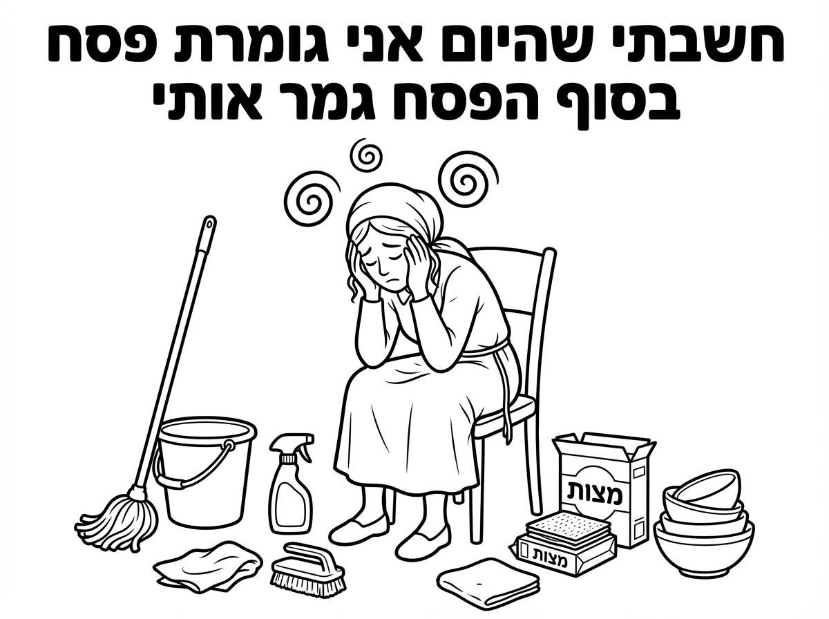 אפשר תמונה של אישה חרדית מותשת מנקיונות וכתוב למעלה חשבתי שהיום אני גומרת פסח בסוף הפסח גמר אותי