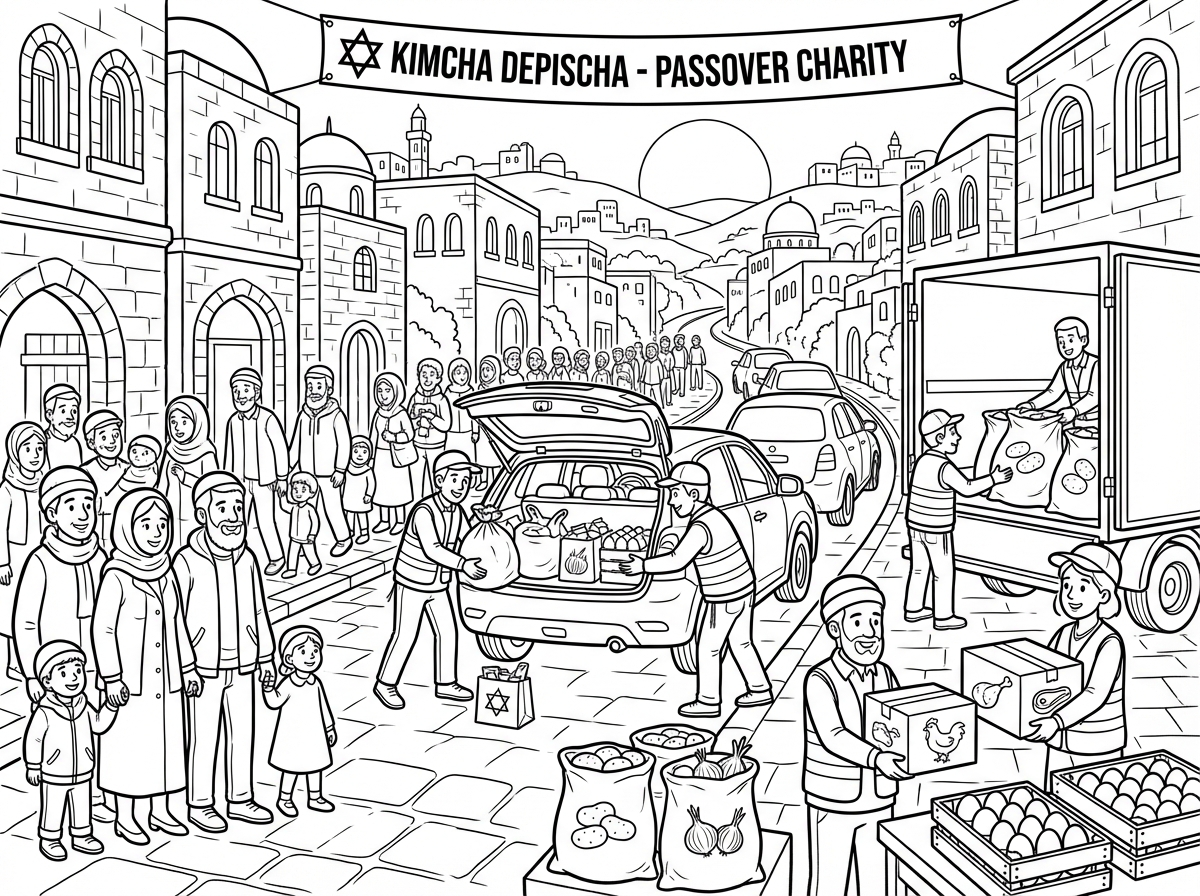 דף צביעה של חלוקת קימחא דפסחה בצד בכביש בשכונה ירושלמית צפופה, מאות מגיעים לקבל שרי תפו"א ובצל וקרטוני בשר וביצים, עם הרכב ומתנדבים מכניסים לכל רכב שעובר.