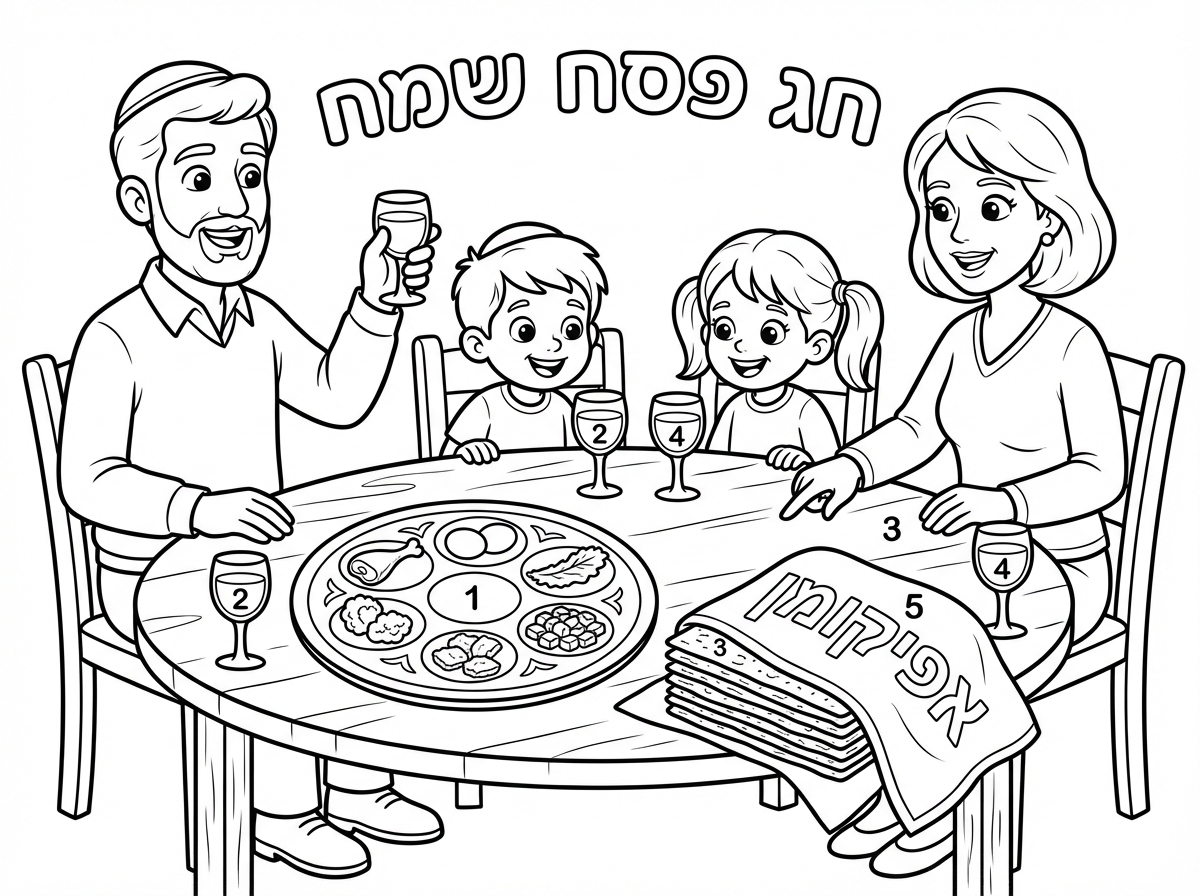ליל סדר פסח עם קערת פסח עם כול הפריטים מצות 4 כוסות יין אפיקומן  משפחה אבא אמא 2 ילדים בן בת 
ושיהיה רשום חג פסח שמח 

הילדים יושבים בשולחן 
 שיהיה מפוזר על הפריטים מספרים 1 2 3 4 5