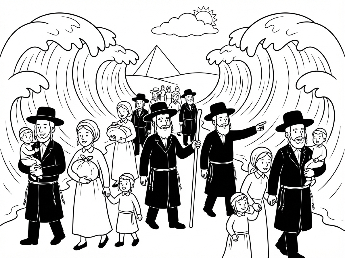 דף צביעה של יציאת מצרים שהאנשים לבושים בלבוש חרדי