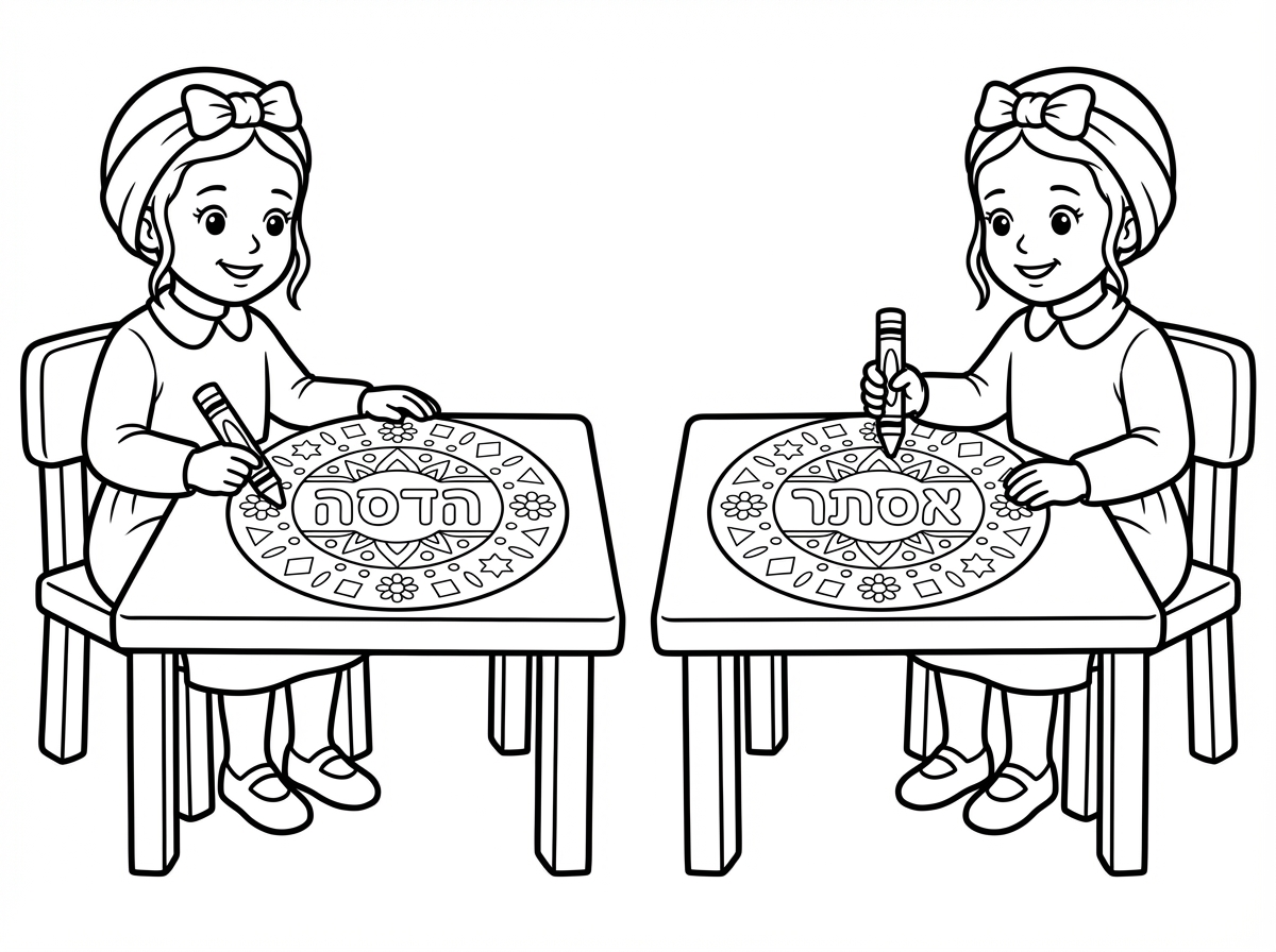 תצייר לי ציור של תאומות זהות חרדיות בנות 4 יושבות ליד שולחנות וצובעות מנדלות של השמות "הדסה" ו"אסתר"